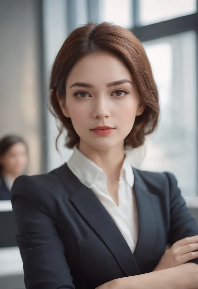 sitting, full body, facing the audience, (Reality :1.4), a woman looking into the camera, female secretary, secretary costume, detailed beautiful face, action shot, office background, daytime, photo realistic, CG, art station, masterpiece, HD photography