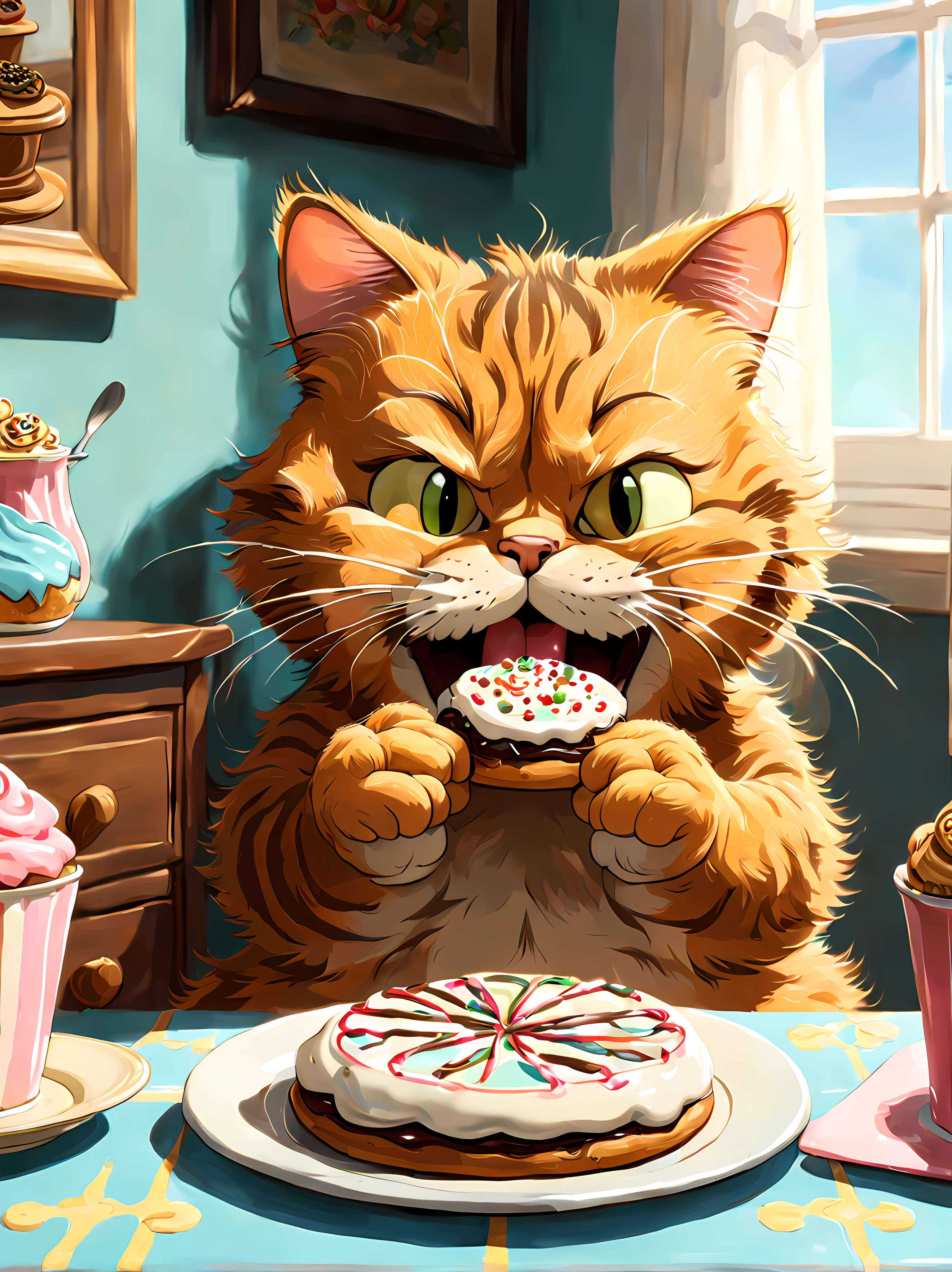 (symmetrical:1.3), (solo:1.3), ((Garfield)) the iconic tabby decides to have a secret cookie feast in his room, excitement, he munches on the sweet treat, masterpiece, 4k, highly detailed, shiny