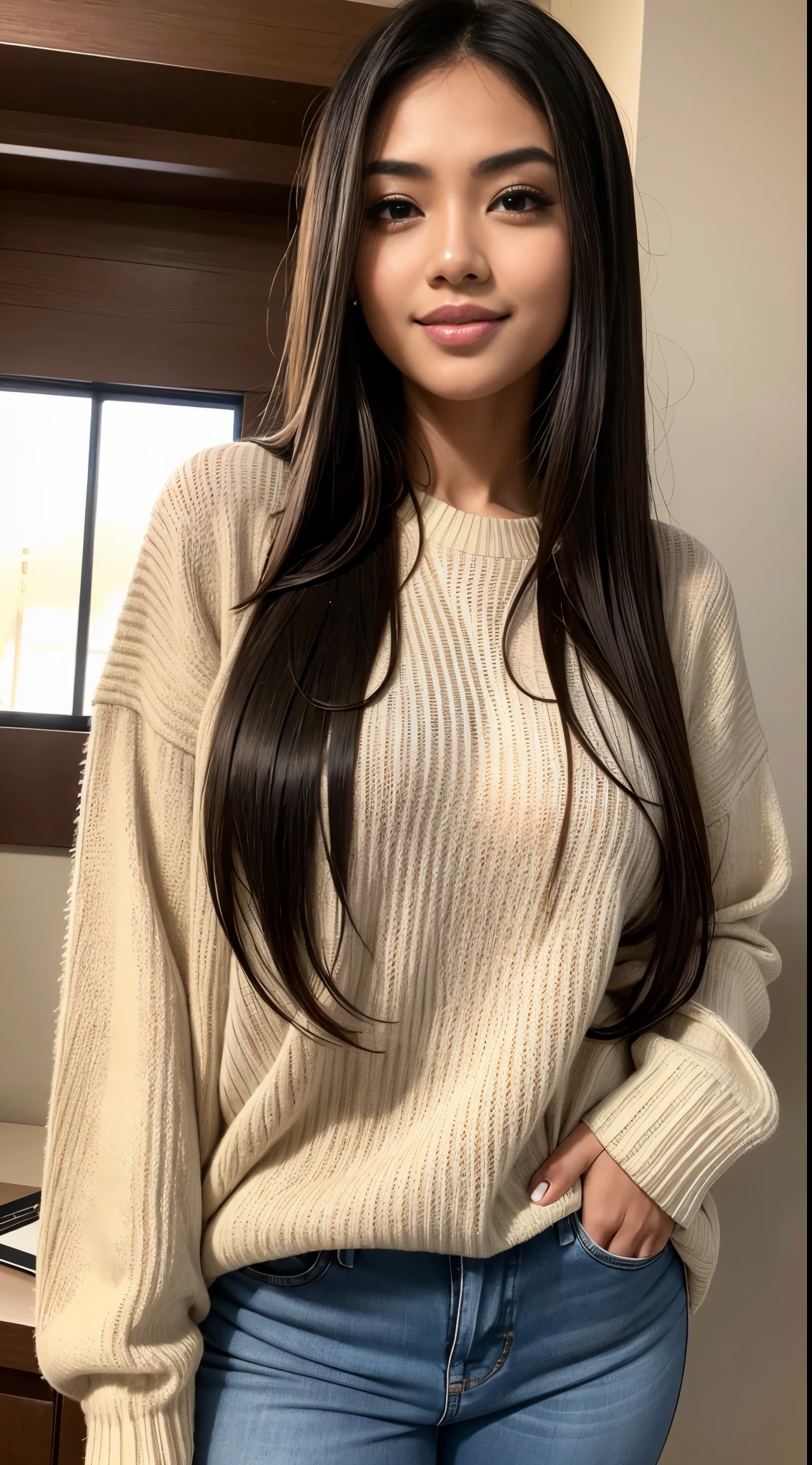 RAW, Best quality, high resolution, Masterpiece: 1.3), Beautiful Malay woman ,Masterpiece, best quality,8k, brown eyes, perfect eyes,Huge breast, gigantic hips, white sweater, jeans, perfect body, black hair, long hair, beautiful woman, smile, eyelashes, perfect face,