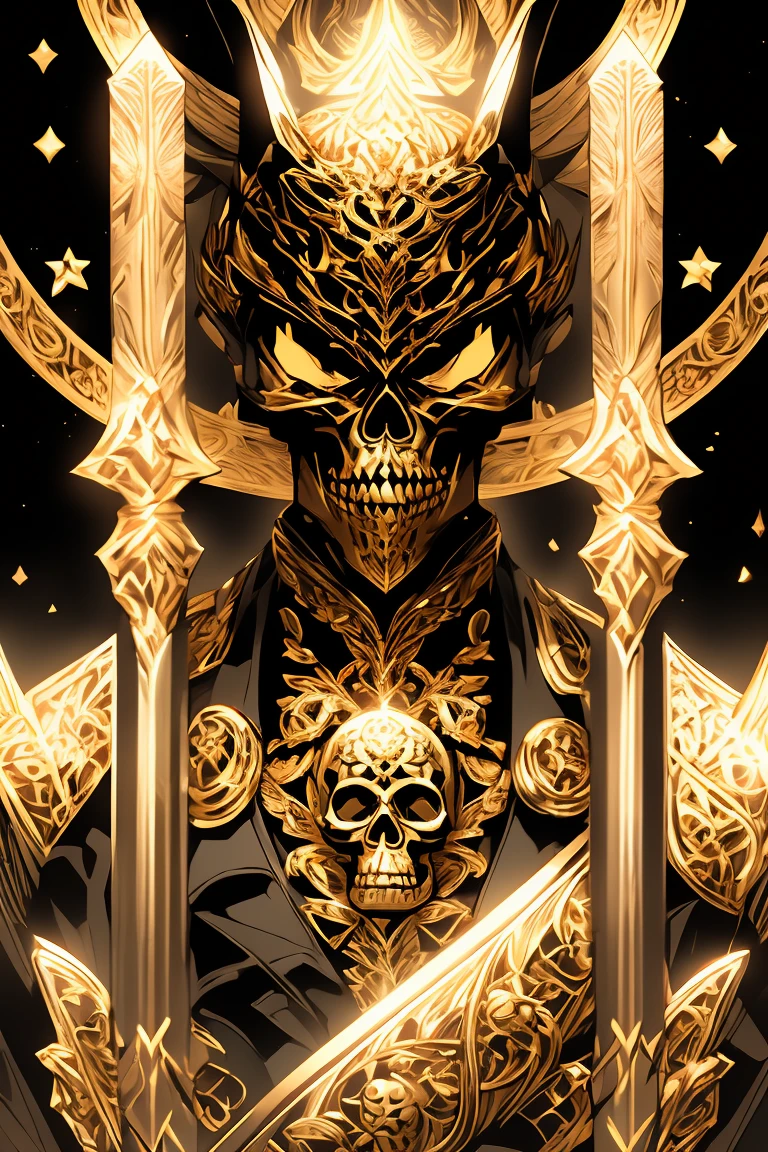 (best quality, highres, ultra-detailed:1.2), black and gold skull logo, dark, mysterious, sinister, detailed skull, intricate designs, macabre art, gothic vibes, occult symbolism, refined gothic aesthetics, fine artistry, supernatural allure, masterful craftsmanship, deep shadows, shimmering gold accents, contrasting textures, hauntingly beautiful, mesmerizing composition, striking impact, professional logo design, metallic sheen, ornate patterns, intricate engravings, eerie atmosphere, artful representation, captivating visual storytelling, evocative symbolism, sophisticated and sleek, iconic emblem, powerful and enigmatic presence, Deluxe, gold leaf embellishments