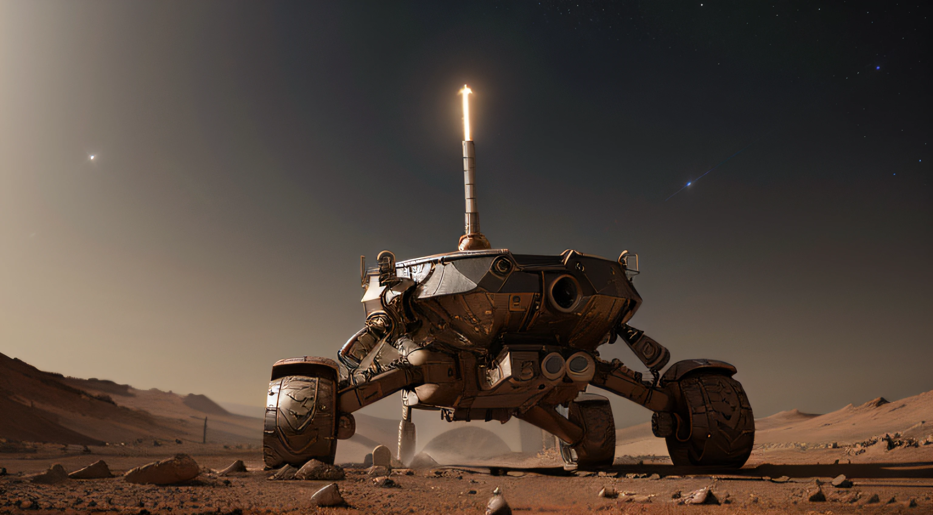 On Mars,Large cutting-edge robotic arm work。Metallic glossy texture,Staff distributed on Mars ground。droid、starrysky、Exploration vehicle details、super wide shot、High realism、lightand shade contrast、