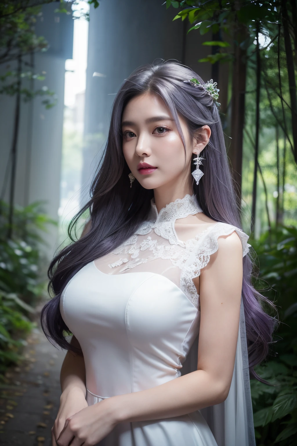 Works of masters,Higher quality,超高分辨率,8K分辨率,Realistic portraits,It's a perfect face,exquisite facial features,cyber punk personage,girl,the only person,ssmile,Long gray hair,Purple hair and big breasts,bangle,duration,hoop earings,eardrop,Lace edges,wedding gown,wedding gown,Perspective installation,sleevelessdress,squatt,face to the viewer,meteor shower,Fluorescent mushroom forest,disney movie,电影灯光