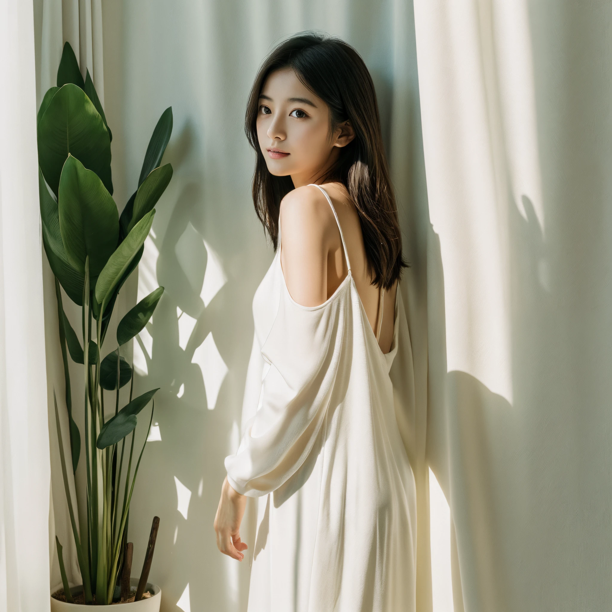 White curtains、Pay attention to the swaying eucalyptus、Soft light、Rim Lights、beautiful shadow、lowkey、(Photorealsitic、Raw foto:1.2)、(Natural texture、realistic detailed)、Hyper-Realism、超A high resolution、4K、top-quality、white walls、Perfect Angle、Female back view，full body Esbian，show hind legs，no-makeup，japanes、