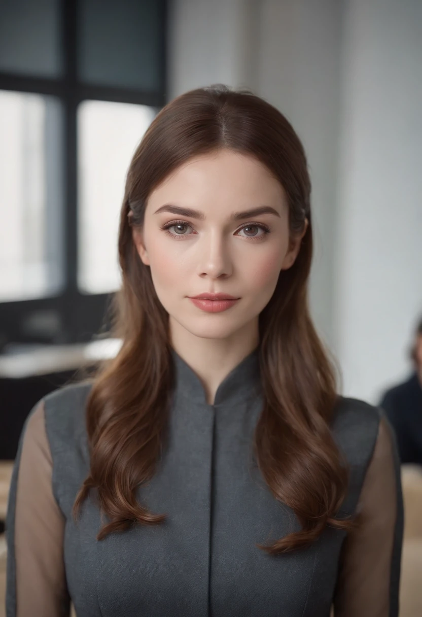 Cinematic portrait, ((medium close-up)),  facing the audience, (Reality :1.4), a woman looking into the camera, female secretary, secretary costume, detailed beautiful face, action shot, office background, daytime, photo realistic, CG, art station, masterpiece, HD photography