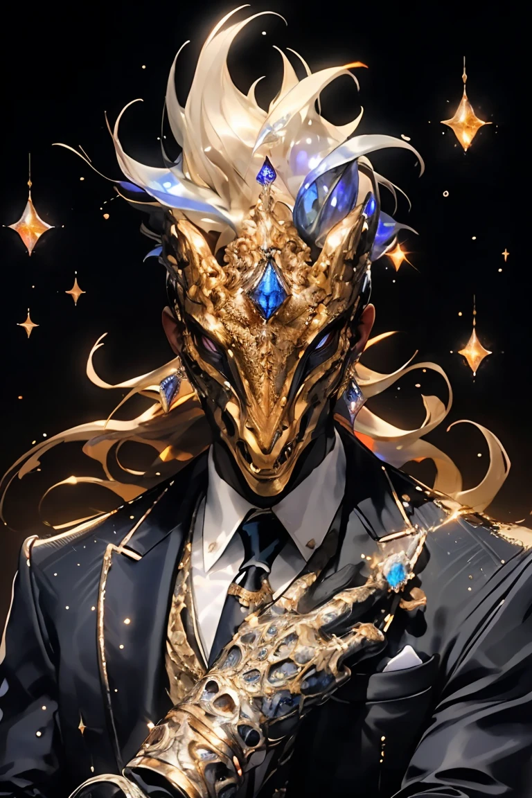 Henshin, solo, long_hair, looking_at_viewer, shirt, gloves, long_sleeves, 1boy, jewelry, jacket, upper_body, male_focus, collared_shirt, hand_up, black_jacket, gradient, gradient_background, sparkle, mask, formal, suit, black_background, gem, facing_viewer, ultra realistic,32k,RAW photo,(high detailed skin:1.2), 8k uhd, dslr, soft lighting, high quality, film grain, full body