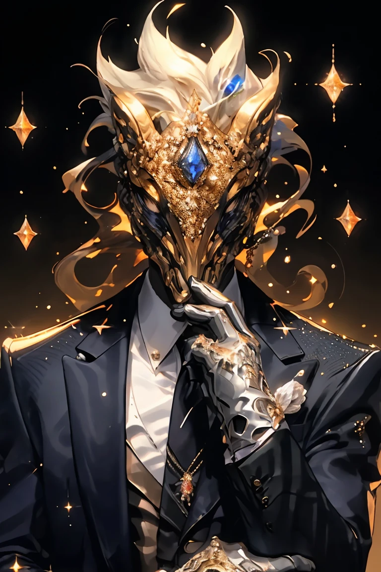 Henshin, solo, long_hair, looking_at_viewer, shirt, gloves, long_sleeves, 1boy, jewelry, jacket, upper_body, male_focus, collared_shirt, hand_up, black_jacket, gradient, gradient_background, sparkle, mask, formal, suit, black_background, gem, facing_viewer, ultra realistic,32k,RAW photo,(high detailed skin:1.2), 8k uhd, dslr, soft lighting, high quality, film grain, full body