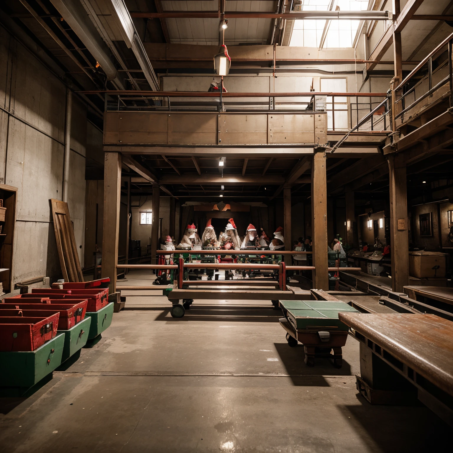 Santa's workshop with elves and a empty conveyor belt