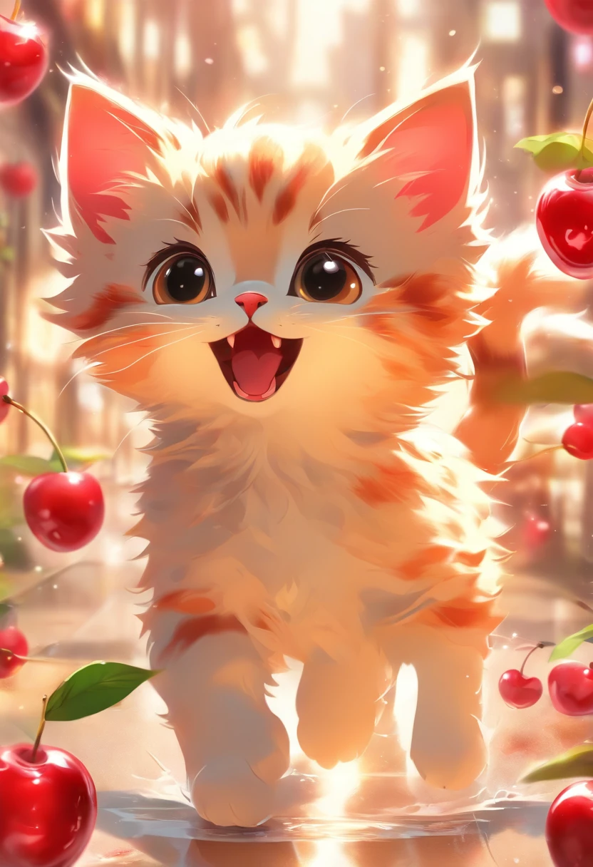 a cute vector of a kitten with cherry, anime style, M Jenni style, digital illustration, approaching perfection, highly detailed, smooth, sharp focus, illustration, 4k resolution