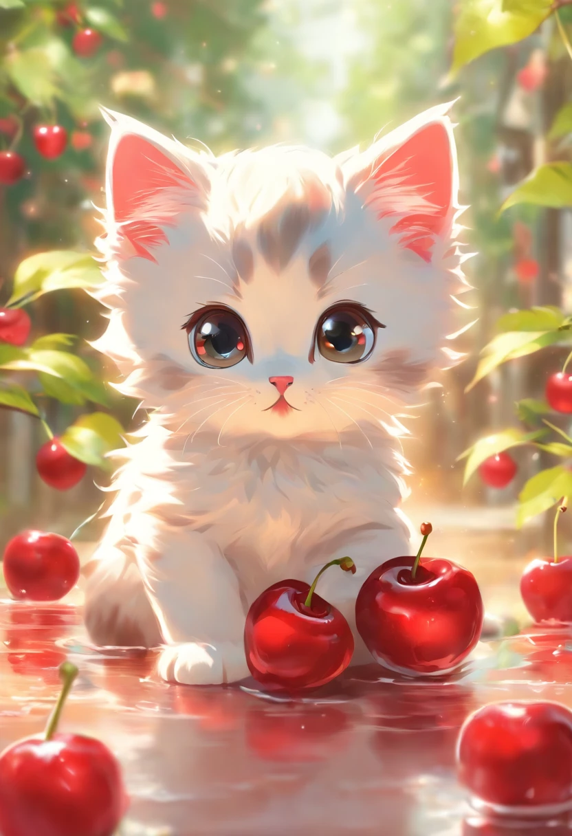 a cute vector of a kitten with cherry, anime style, M Jenni style, digital illustration, approaching perfection, highly detailed, smooth, sharp focus, illustration, 4k resolution