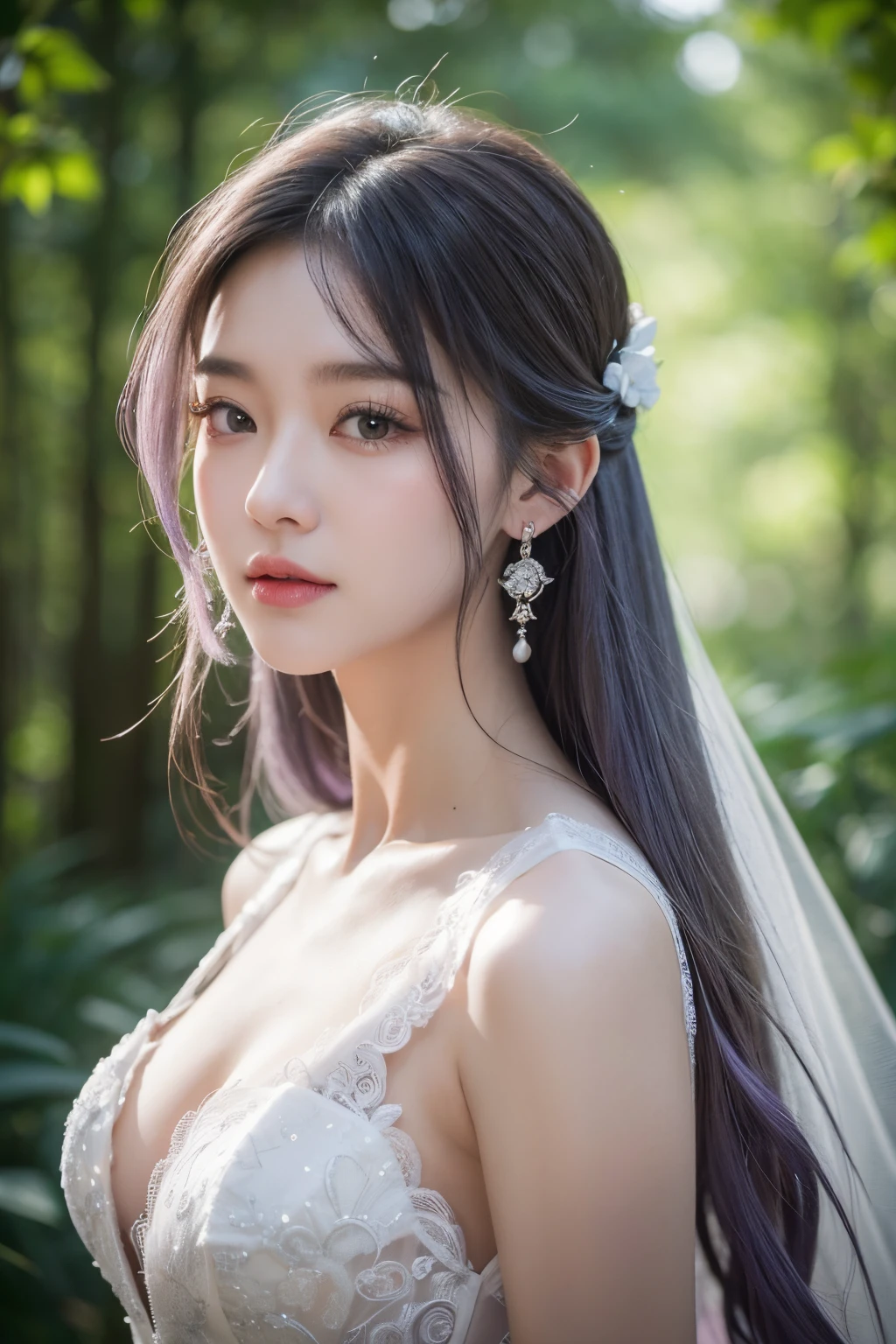 Works of masters，Higher quality，超高分辨率，8K分辨率，Realistic portraits，It's a perfect face，exquisite facial features，cyber punk personage，girl，the only person，ssmile，Long gray hair，Purple hair and big breasts，bangle，duration，hoop earings，eardrop，Lace edges，wedding gown，wedding gown，Perspective installation，sleevelessdress，squatt，face to the viewer，meteor shower，Fluorescent mushroom forest，disney movie，电影灯光