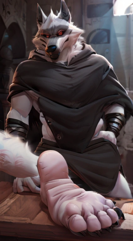 suggestive content, highres, super high resolution, beautiful details, beautiful eyes, depth of field, solo focus, detailed background, high quality, good lighting, high res, (((masterpiece))), 8k, depth of field, ray tracing, detailed background, soles, lighting, detailed face and body, detailed lighting, [cinematic lighting], [backlighting], [detailed ambient light], [gray natural lighting], [sharp focus], solo,
Deathwolf, Death Wolf, death_(n_boots), black sclera, red eyes, male anthro wolf furry, canid, canine, werewolf, muscular, hunk, handsome, sexy, beefcake, stud, seductive expression,
(Standing in an egyptian palace castle), (close up, extreme close up), (headshot):1.3, (wearing black poncho, black cloak),
(detailed fluffy fur, fluffy, detailed fur):1.2, [tuft, neck tuft, neck fluff, tufted fur, fur tuft, inner ear fluff],
by darkgem, by honovy, by spectrumshift, by tarakanovich, by zourik, feet, pov of soles, foot focus, soles, five toes, footjob, perfect soles, good looking feet, perfect toes, footjob domination, black toeclaws, bottom of feet, point of view of the bottom of feet, soles focus, propping feet up, (feet pointing up showing soles), black baggy pants, footjob