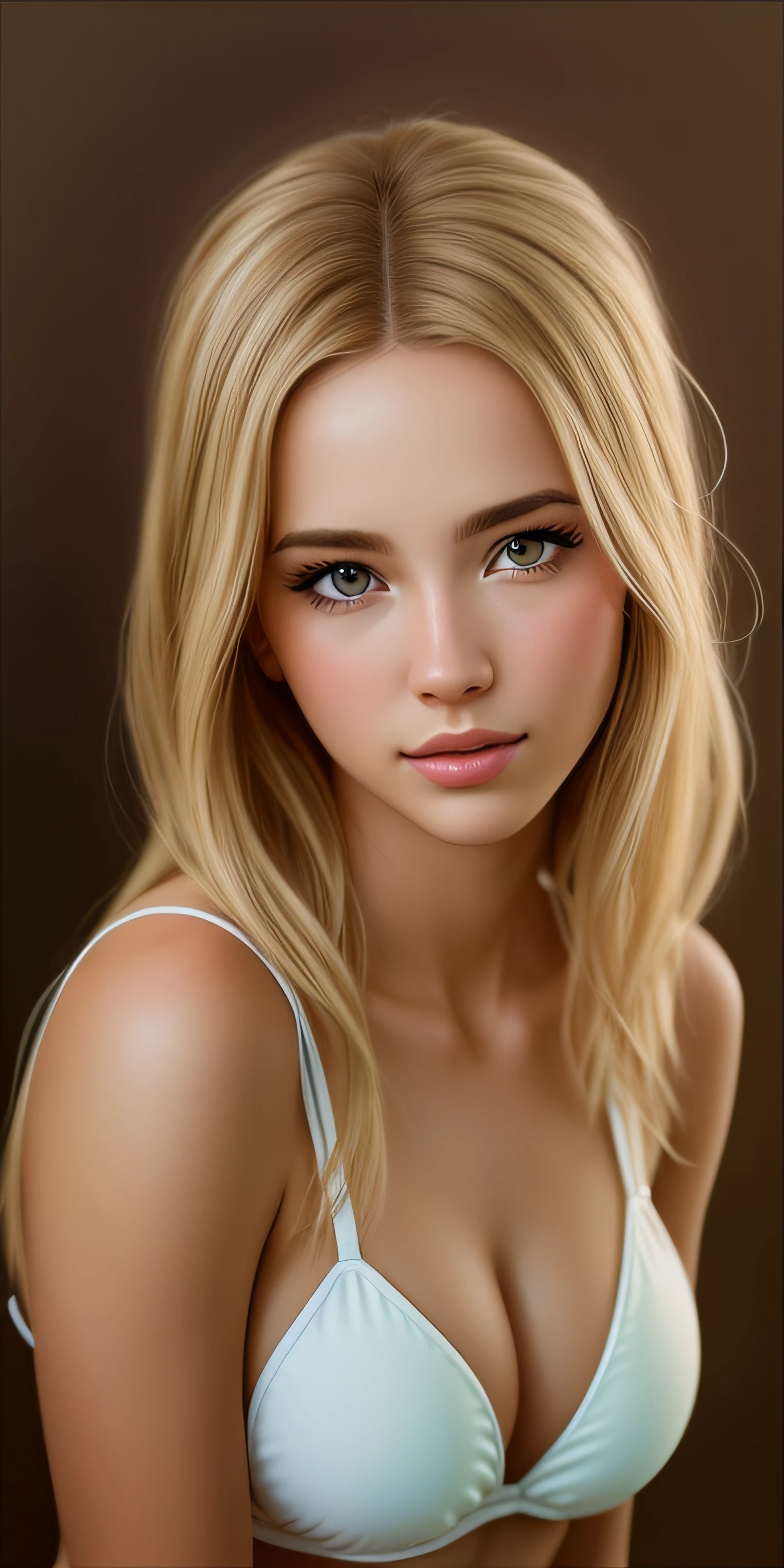 Photorealistic girl with blond hair and boobs showing