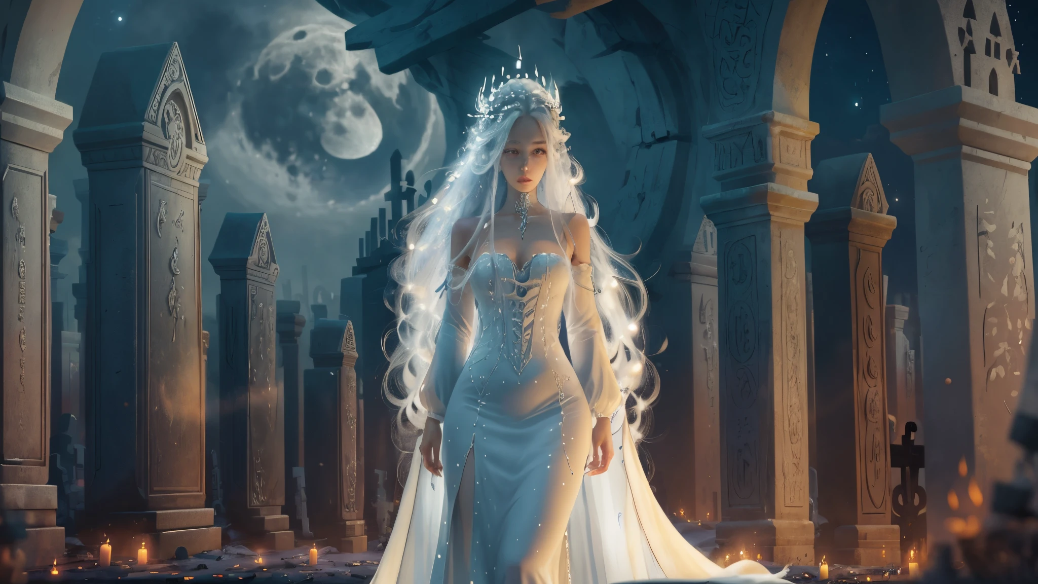 a beautiful woman with long white hair, white eyes, using a white long dress, full body, graveyard night scene with some tombs, moon in the sky --auto --s2