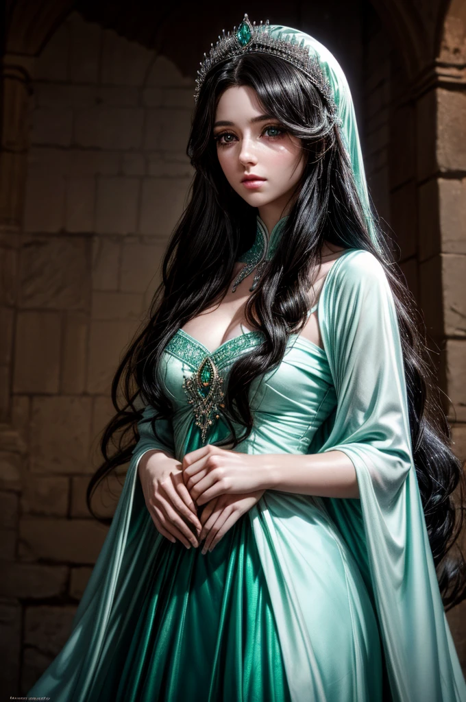 Elowen is a 25-year-old woman with long black hair that falls in waves over her shoulders, standing out against her pale skin.. The queen&#39;s eyes are like deep emeralds, Elowen&#39;s skin is pale and unblemished, giving it an ethereal appearance. Sua tez destaca-se ainda mais pela intensidade dos olhos verdes. Elowen possui uma estatura graciosamente alta, mantendo-se altiva e elegante em sua postura. Trajes reais elaborados, adorned with symbolic details of the kingdom, enhance your natural beauty. Elowen usa joias significativas, A diadem of rubies adorns her head, um colar com uma esmeralda muito bonito.