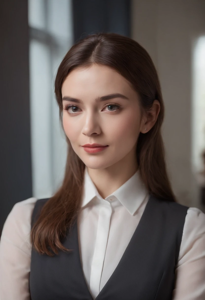 Cinematic portrait, ((medium close-up)), facing the audience, slightly smiling, (Reality :1.4), a woman looking into the camera, female secretary, secretary costume, detailed beautiful face, action shot, office background, daytime, photo realistic, CG, art station, masterpiece, HD photography