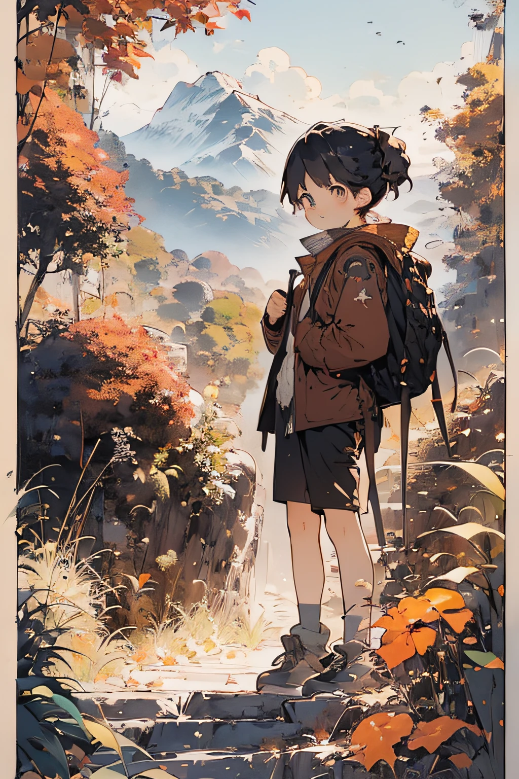 golden mountains in autumn Hiking girl anime style flat poster