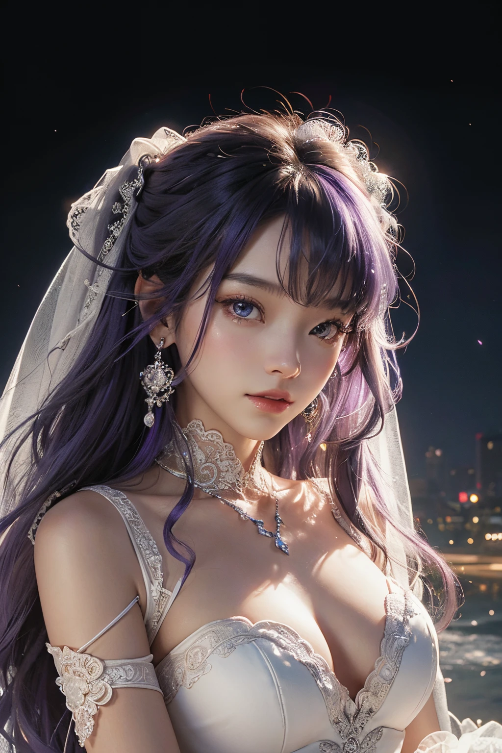 Works of masters，Higher quality，超高分辨率，8K分辨率，Realistic portraits，It's a perfect face，exquisite facial features，cyber punk personage，girl，the only person，ssmile，Long gray hair，Purple hair and big breasts，bangle，duration，hoop earings，eardrop，Lace edges，wedding gown，wedding gown，Perspective installation，sleevelessdress，squatt，face to the viewer，meteor shower，Fluorescent mushroom forest，disney movie，电影灯光