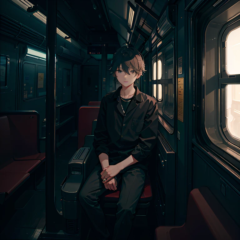 night train window, look into the darkness, sitting in the seat, 1boy