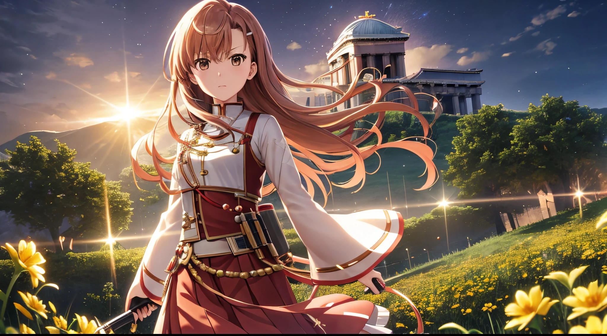 Misaka mikoto, 1girl, teen girl, kawaii, solo, chestnut hair, hairpin,brown eyes, standing, looking at viewer,golden armor,praying beads on neck, long skirt,greek Acropolis flowers field,anime style,deep depth of field,wide angle view,Lumen Reflections,Screen Space Reflections,Diffraction Grading,Chromatic Aberration,GB Displacement,Scan Lines,Ray Traced,Anti-Aliasing,FXAA,TXAA,RTX,SSAO,Shaders,OpenGL-Shaders,GLSL-Shaders,Post Processing,Post-Production,cell Shading,Tone Mapping,CGI,VFX,SFX,insanely detailed and intricate, 4K