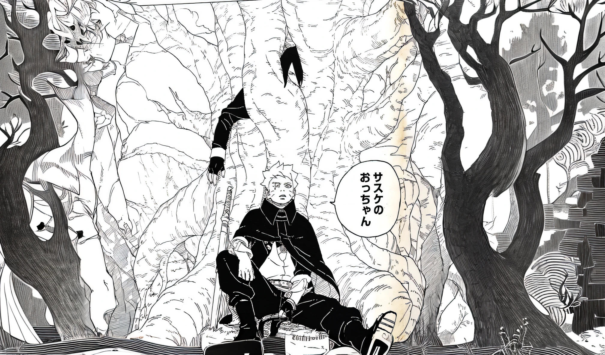 trees and roots, black and white drawing, manga style