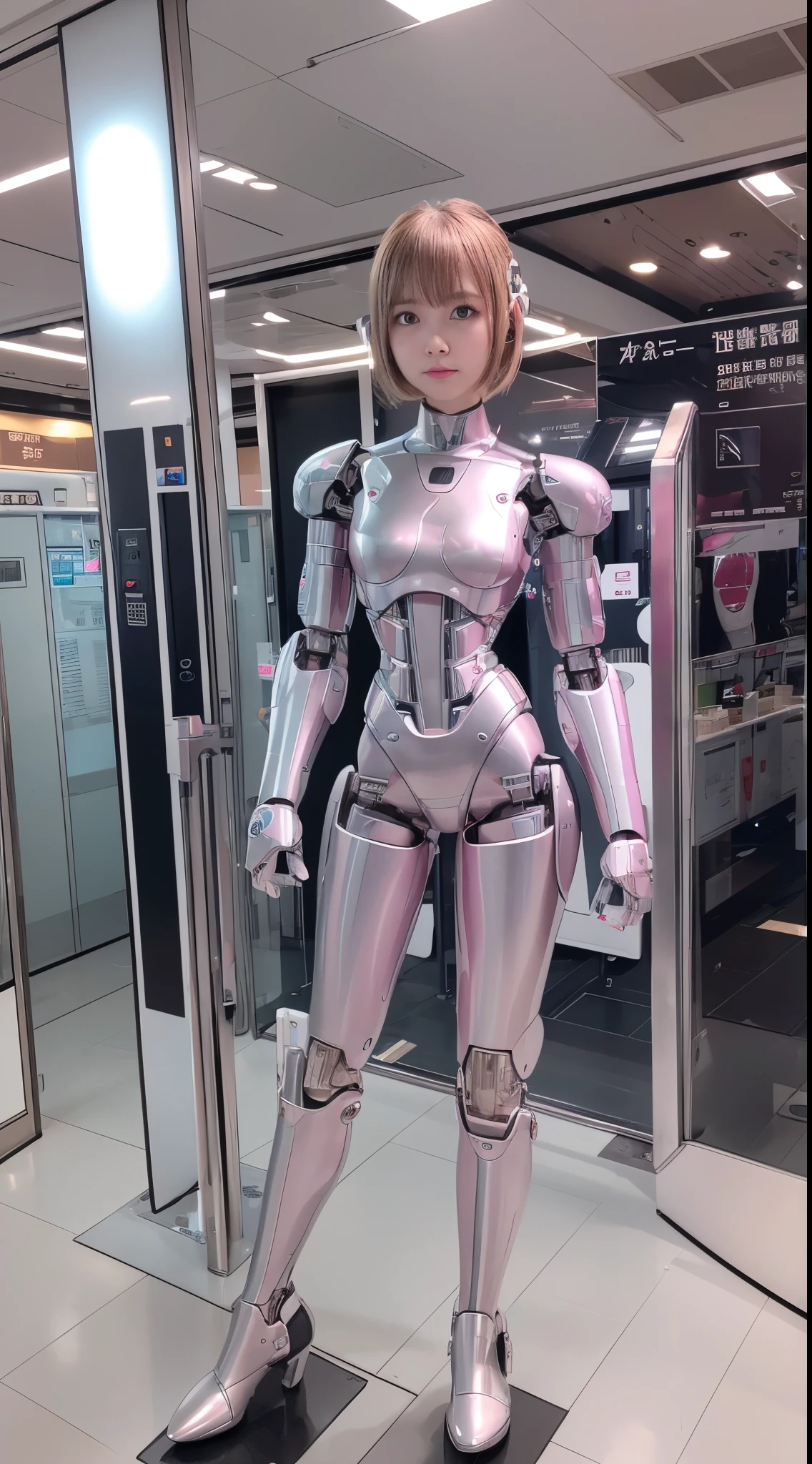 Robot Girl, pink there, Silver, Metallic body, Robot Parts, Metal Parts, Super Detailed Face, Super well-formed face, of the highest quality, a small face, a small head, Brown hair, Slender body, Camera gaze, Internal Mechanical Exposure, Idol, front facing, Well-proportioned body, sale, Exhibited, Event Hall, Moe Pose, Cabin attendant uniform Machine Armor, Standing with legs open, Model body type, sad, Embarrassing,(Perfect Robot Girl),(Perfect machine body)