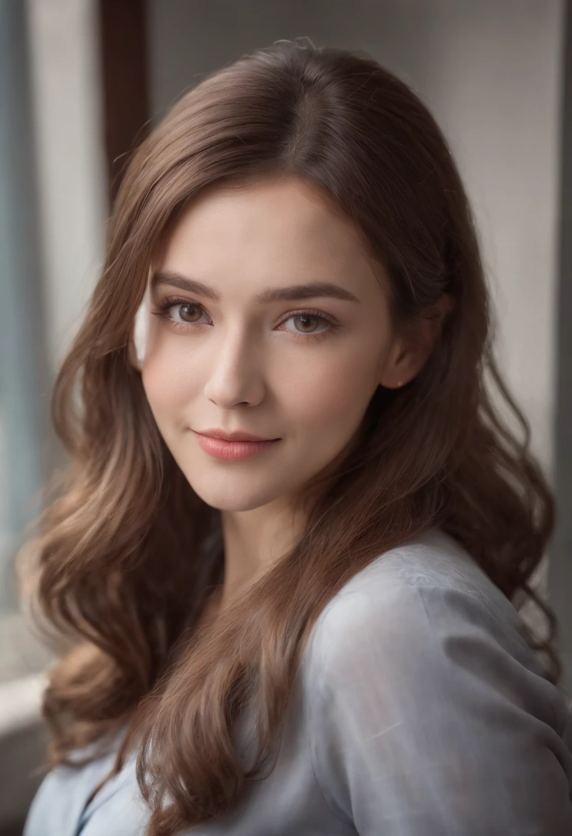 Cinematic portrait, ((medium close-up)), facing the audience, smiling, long wavy hair, (Reality :1.4), a woman looking into the camera, female secretary, secretary costume, detailed beautiful face, action shot, office background, daytime, photo realistic, CG, art station, masterpiece, HD photography