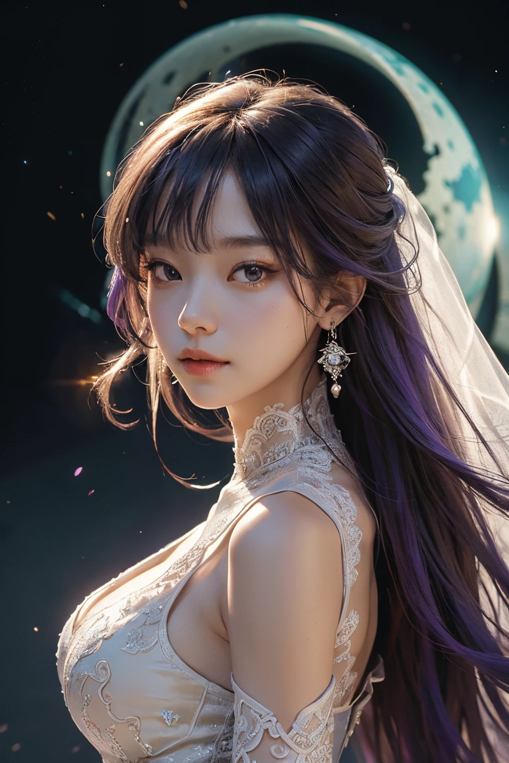 Works of masters,Higher quality,超高分辨率,8K分辨率,Realistic portraits,It's a perfect face,exquisite facial features,cyber punk personage,girl,the only person,ssmile,Long gray hair,Purple hair and big breasts,bangle,duration,hoop earings,eardrop,Lace edges,wedding gown,wedding gown,Perspective installation,sleevelessdress,squatt,face to the viewer,meteor shower,Fluorescent mushroom forest,disney movie,电影灯光