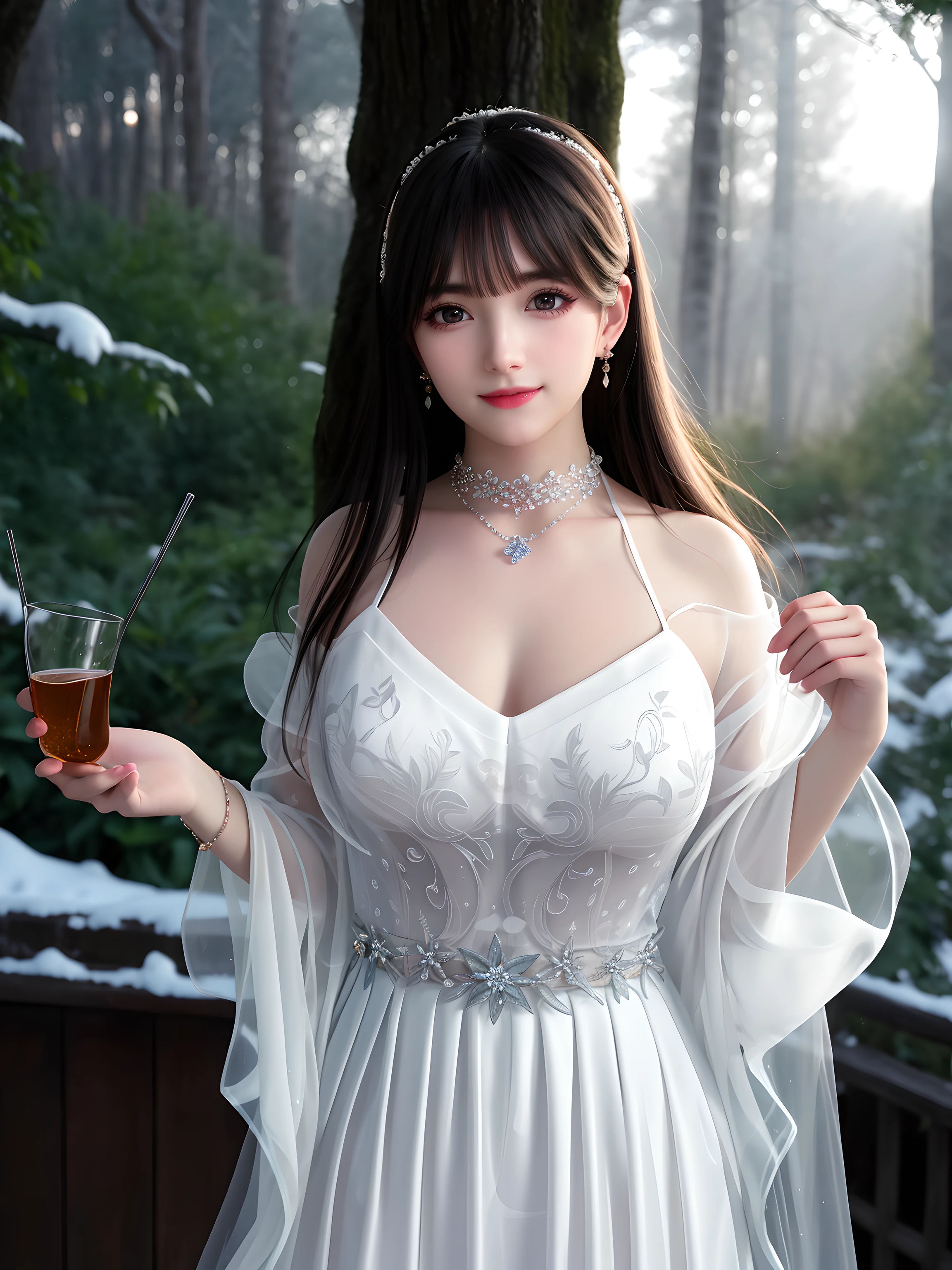 Best quality at best,8K, tmasterpiece, A high resolution, 1 plump girl, Transparent silk porcelain dress, Fur coat, hair adornments, ssmile, close your mouth, Open your lips,Large breasts,bshoulders, Straight dress, hair adornments, choker necklace, jewely, chineseidol, Long gray hair, ear nipple ring, Eyes are delicate and beautiful, detailed eyelash, Nice face,After gender is determined_body, dingdall effect,realistically, edge lit, twotonelighting,(highdetailskin:1.2), 8K, hyper HD, digital SLR camera, gentlesoftlighting, high high quality, Volumetriclighting, Frankness, photore, A high resolution, bokeh, at a forest, Falling snow, Winters, in the afternoon