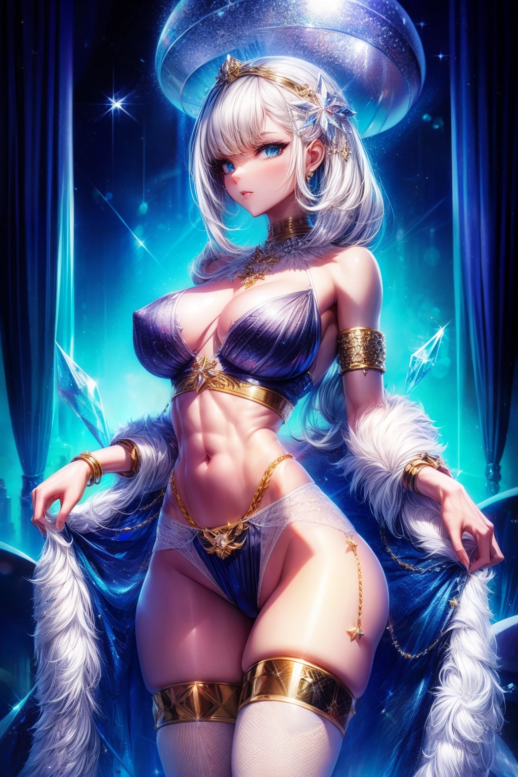 Woman wearing clear crystal panties、, （crystal, Crystal panties,  Crystal panties,diamond hot pants, Diamond panties）, Stylized, Waist Shot, luxury fashion, Exquisite and smooth details, big chest and thin waist, scantily clad, crystal, chanel, bedazzled