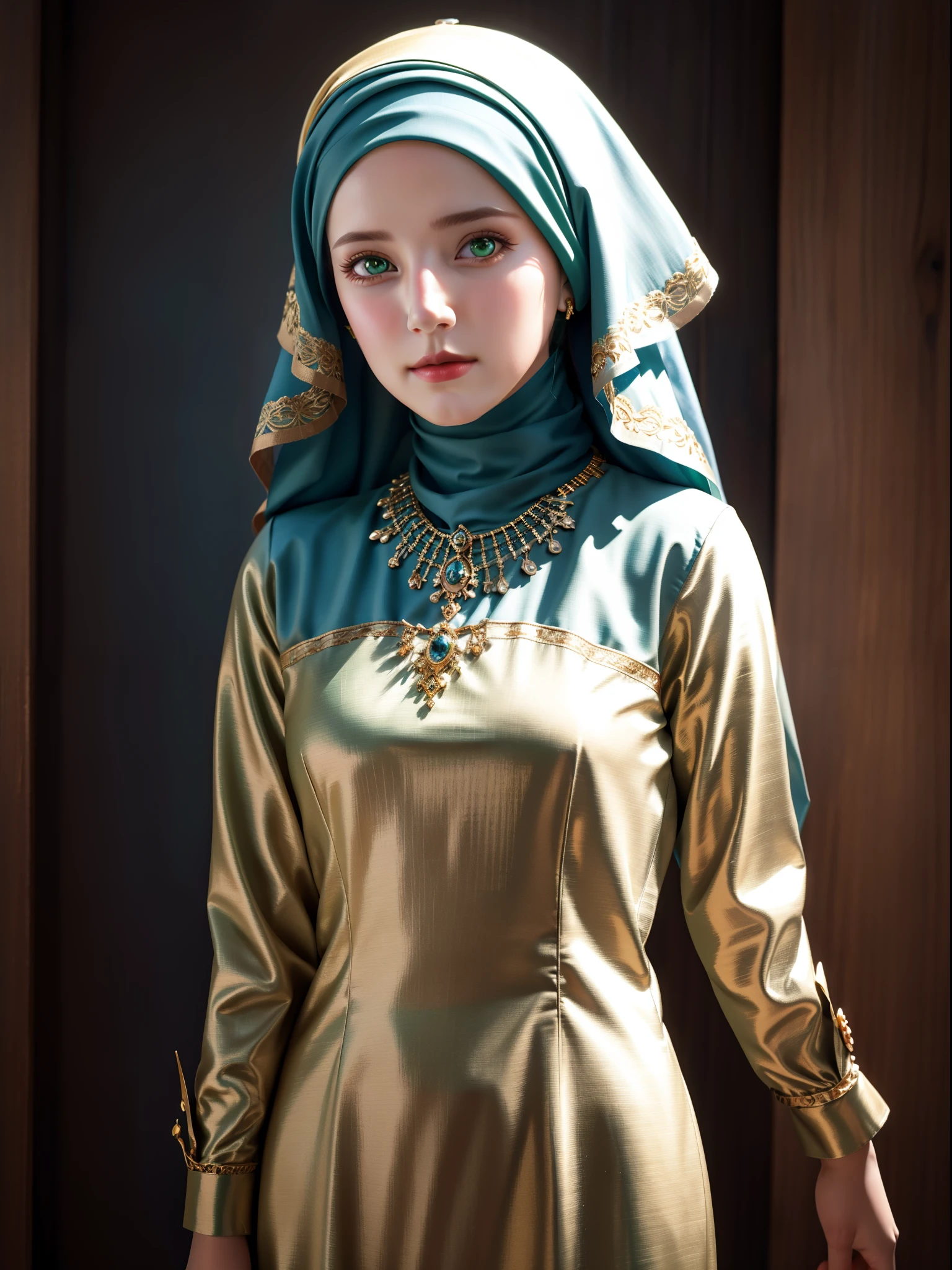 best quality, masterpiece, highres, moslem female blue dress, necklace, jewelry, Beautiful face, upon body, tyndall effect, photorealistic, dark studio, rim lighting, two tone lighting,(high detailed skin:1.2), 8k uhd, dslr, soft lighting, high quality, volumetric lighting, candid, Photograph, high resolution, 4k, 8k, Bokeh, (hyperrealistic girl), (illustration), (high resolution), (8K), (extremely detailed), (best illustration), (beautiful detailed eyes), (best quality), (ultra-detailed), (masterpiece), (wallpaper), (photorealistic), (natural light), (rim lighting), (detailed face), (high detailed realistic skin texture), (anatomically correct), (solo), (1 girl), (heterochromic eyes), (detailed eyes), (green eyes:1.37), (sparkling eyes), (long legs), (big breasts), (dynamic pose), (closed tiny mouth:1.3), (concentrated expression), (wearing hijab:1.4), moslem headscarf