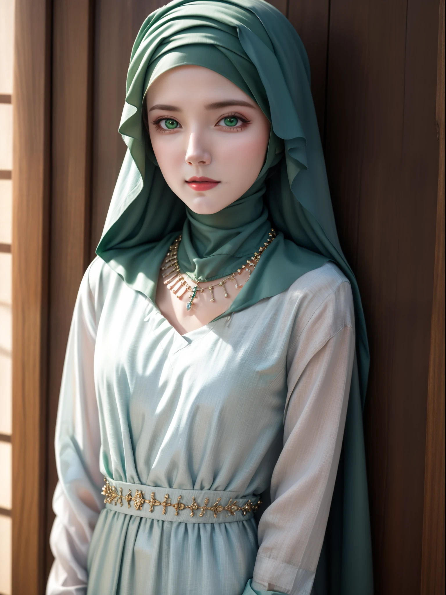 best quality, masterpiece, highres, moslem female blue dress, necklace, jewelry, Beautiful face, upon body, tyndall effect, photorealistic, dark studio, rim lighting, two tone lighting,(high detailed skin:1.2), 8k uhd, dslr, soft lighting, high quality, volumetric lighting, candid, Photograph, high resolution, 4k, 8k, Bokeh, (hyperrealistic girl), (illustration), (high resolution), (8K), (extremely detailed), (best illustration), (beautiful detailed eyes), (best quality), (ultra-detailed), (masterpiece), (wallpaper), (photorealistic), (natural light), (rim lighting), (detailed face), (high detailed realistic skin texture), (anatomically correct), (solo), (1 girl), (heterochromic eyes), (detailed eyes), (green eyes:1.37), (sparkling eyes), (long legs), (big breasts), (dynamic pose), (closed tiny mouth:1.3), (concentrated expression), (wearing hijab:1.4), moslem headscarf