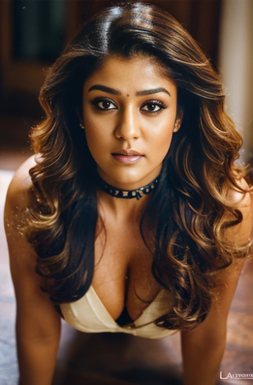 photography of a stunning nayanthara, extreme cleavage,, nsfw, (((lashed))), ((( heavy bust))), wavy hair, on all fours, looks into the camera, symmetrical eyes, symmetrical face, photorealistic, photography, path tracing, specular lighting, volumetric face light, path traced hair, visible shadows, intricate, elaborate, hyper realistic