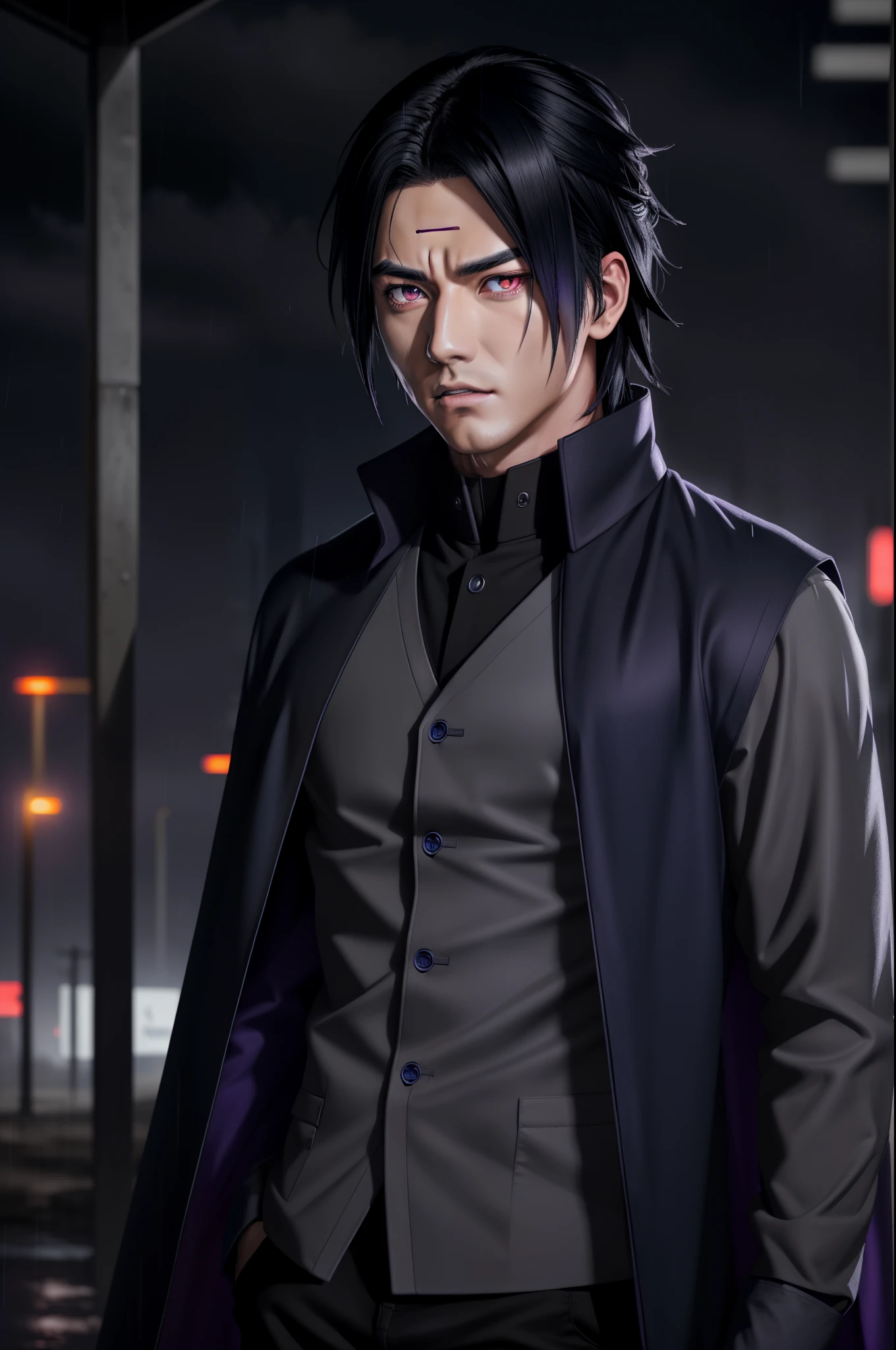 Sasuke Boruto, masculine male, muscular male, black hair, large pectorals, blue cape closed with purple vest underneath, long sleeve grey shirt, solo, outdoors, rain, neon city, red eyes, volumetric lighting, best quality, masterpiece, intricate details, tonemapping, sharp focus, hyper detailed, realistic,