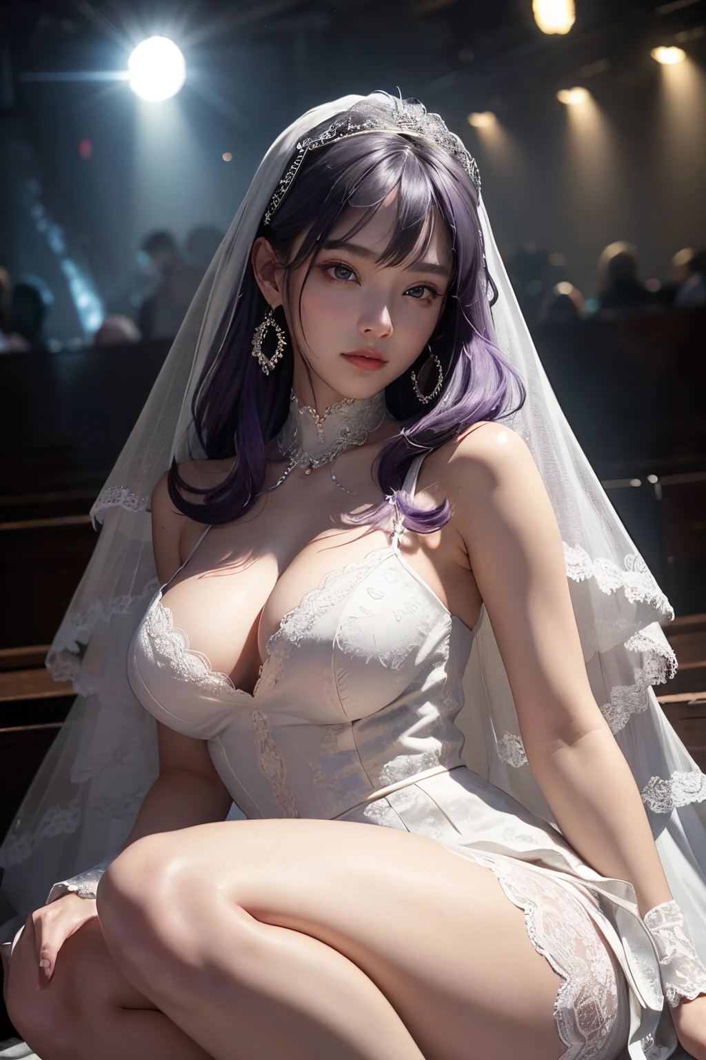 Works of masters,Higher quality,超高分辨率,8K分辨率,Realistic portraits,is a perfect face,exquisite facial features,cyber punk personage,girl,the only person,ssmile,Long gray hair,Purple hair and big breasts,bangle,duration,hoop earings,eardrop,Lace edges,wedding veil,wedding gown,Perspective installation,sleevelessdress,crouched,facing to audience,meteor shower,Fluorescent mushroom forest,disney movie,电影灯光