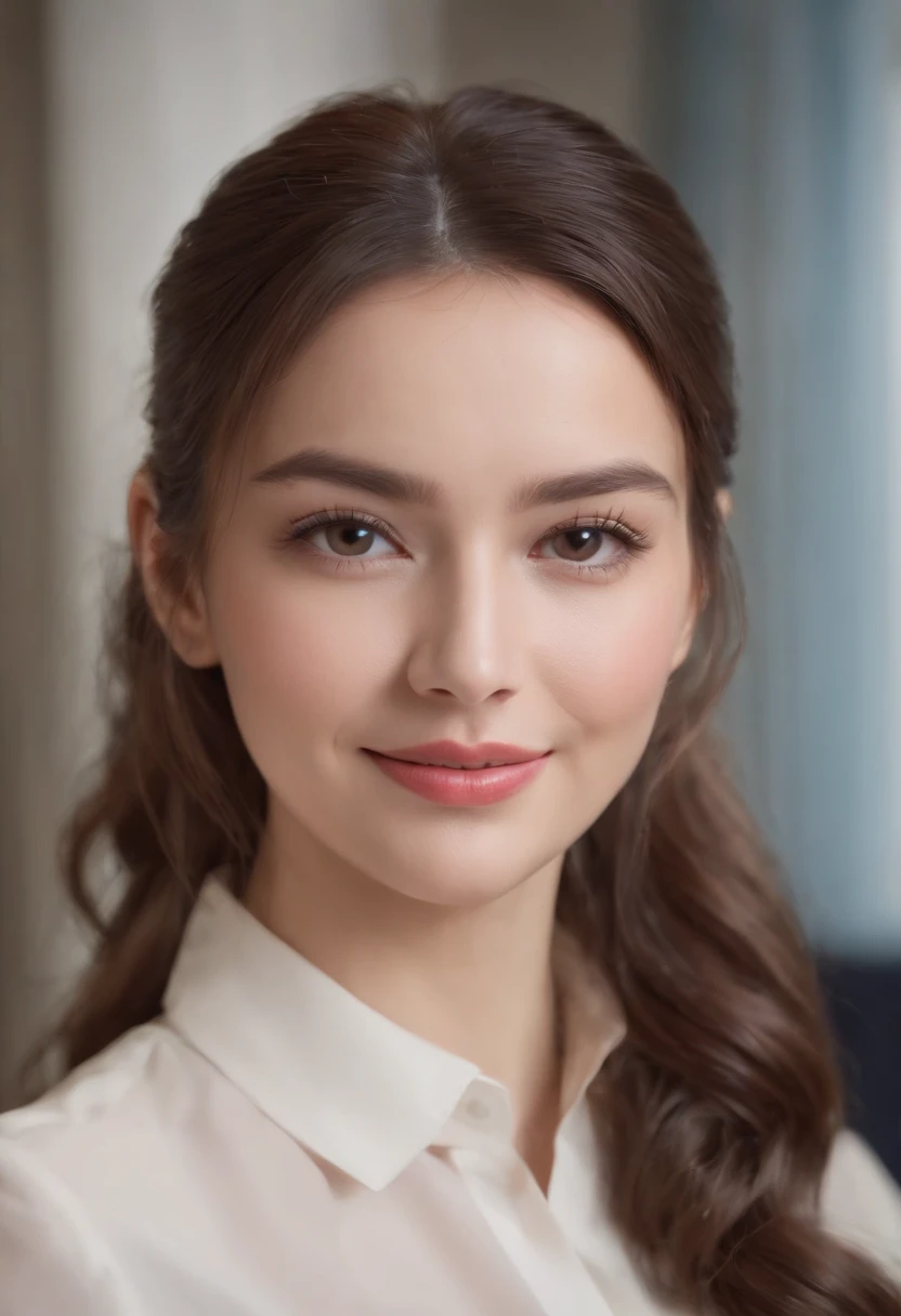 Cinematic portrait, ((medium close-up)), facing the audience, smiling, long wavy hair, pony tail, (Reality :1.4), a woman looking into the camera, female secretary, secretary costume, detailed beautiful face, action shot, office background, daytime, photo realistic, CG, art station, masterpiece, HD photography