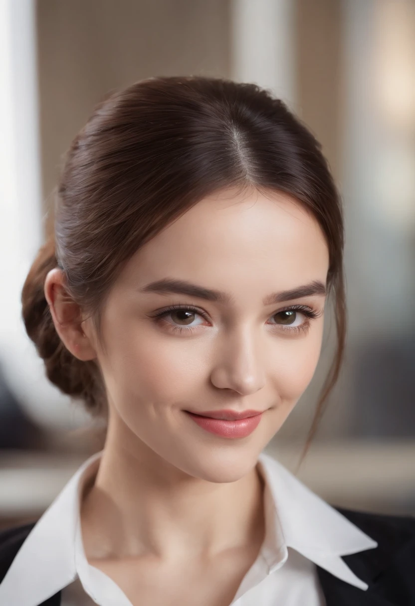 Cinematic portrait, ((medium close-up)), facing the audience, smiling, long wavy hair, pony tail,  (Reality :1.4), a woman looking into the camera, female secretary, secretary costume, detailed beautiful face, action shot, office background, daytime, photo realistic, CG, art station, masterpiece, HD photography