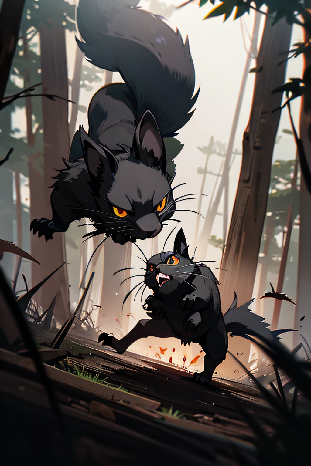 black squirrel, roadkill dark zombie devil blood, night forest, attacking