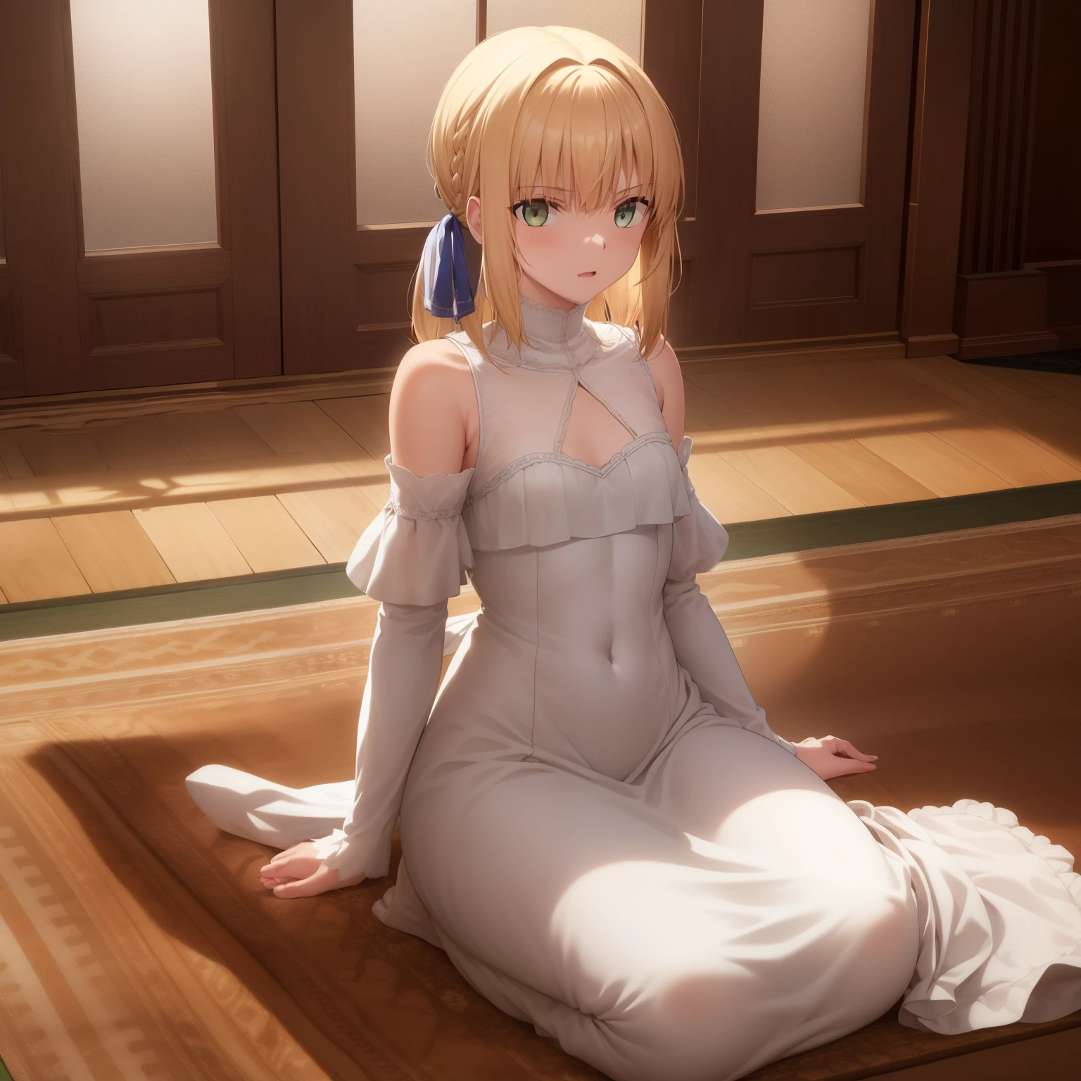 I agree,1 girl,alone,earrings,blush,big breasts,
white dress,No sleeve,white ribbon,bare shoulders,black corset,barefoot,neck ribbon,
Bedroom, pillow,, exquisite visuals, High resolution,masterpiece,highest quality,