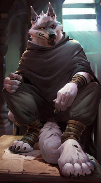 suggestive content, highres, super high resolution, beautiful details, beautiful eyes, depth of field, solo focus, detailed background, high quality, good lighting, high res, (((masterpiece))), 8k, depth of field, ray tracing, detailed background, great lighting, detailed face and body, detailed lighting, [cinematic lighting], [backlighting], [detailed ambient light], [gray natural lighting], [sharp focus], solo,
Deathwolf, Death Wolf, death_(n_boots), black sclera, red eyes, male anthro wolf furry, canid, canine, werewolf, muscular, hunk, handsome, sexy, beefcake, stud, seductive expression,
(Standing in an egyptian palace castle), (close up, extreme close up), (headshot):1.3, (wearing black poncho, black cloak),
(detailed fluffy fur, fluffy, detailed fur):1.2, [tuft, neck tuft, neck fluff, tufted fur, fur tuft, inner ear fluff],
by darkgem, by honovy, by spectrumshift, by tarakanovich, by zourik, feet, pov of soles, foot focus, big feet, five toes, footjob, perfect soles, good feet, perfect toes, stomp pov, footjob domination, toeclaws, bottom of soles, soles, footjob, detailed soles, pov under feet, foot fetish, feet up showing soles, black baggy pants, black stirrups, different feet positions, detailed soles, foot fetish, black pawpads on the bottom of both feet