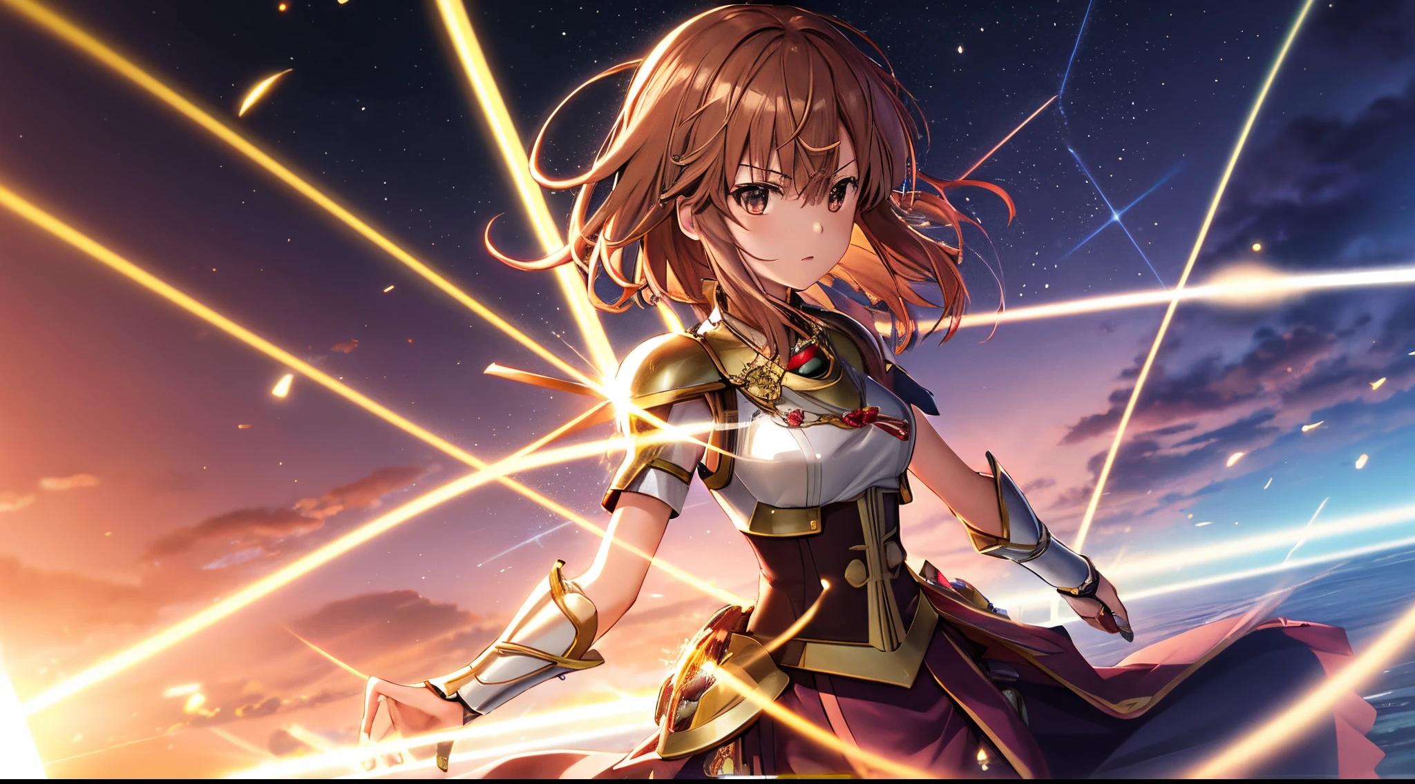 Misaka mikoto, 1girl, teen girl, kawaii, solo, chestnut hair, hairpin,brown eyes, standing, looking at viewer,golden saint seiya armor,praying beads on neck, long skirt,greek Acropolis flowers field,anime style,deep depth of field,wide angle view,Lumen Reflections,Screen Space Reflections,Diffraction Grading,Chromatic Aberration,GB Displacement,Scan Lines,Ray Traced,Anti-Aliasing,FXAA,TXAA,RTX,SSAO,Shaders,OpenGL-Shaders,GLSL-Shaders,Post Processing,Post-Production,cell Shading,Tone Mapping,CGI,VFX,SFX,insanely detailed and intricate, 4K