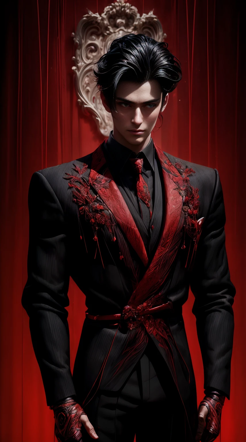 (1boy:1.5), (Pure black suit), masterpiece, black_hair, solo, 1boy, male_focus, red_background,murals, cinematic lighting, UHD, anatomically correct, best quality, super detail, 8k, best quality,