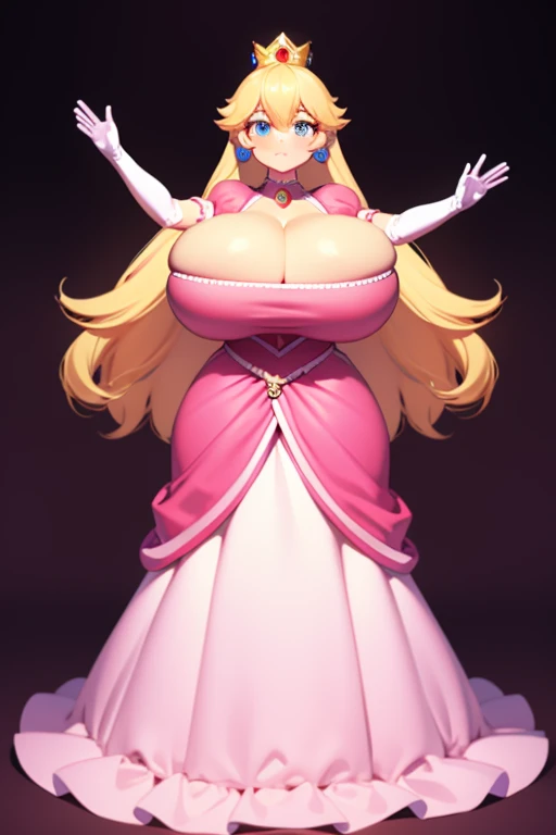 ((masterpiece)), (best quality:1.7), (detailed:1.4), (high res:1.4), 8k, (colorful:1.5), 2d, high resolution, sharped image, 4k, hd, princess_peach, pink dress, v arms, white gloves, earrings, long hair, 1girl, jewelry, solo, blue eyes, elbow gloves, gloves, blush, puffy short sleeves, crown, dress, short sleeves, puffy sleeves, blonde hair, (full body), (castle), sky, night, (large breasts:1.6)
