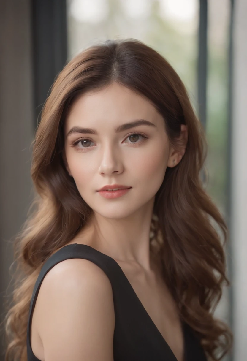 Cinematic portrait, ((medium close-up)), facing the side, side view, long wavy hair, (Reality :1.4), a woman looking into the camera, female secretary, secretary costume, detailed beautiful face, action shot, office background, daytime, photo realistic, CG, art station, masterpiece, HD photography