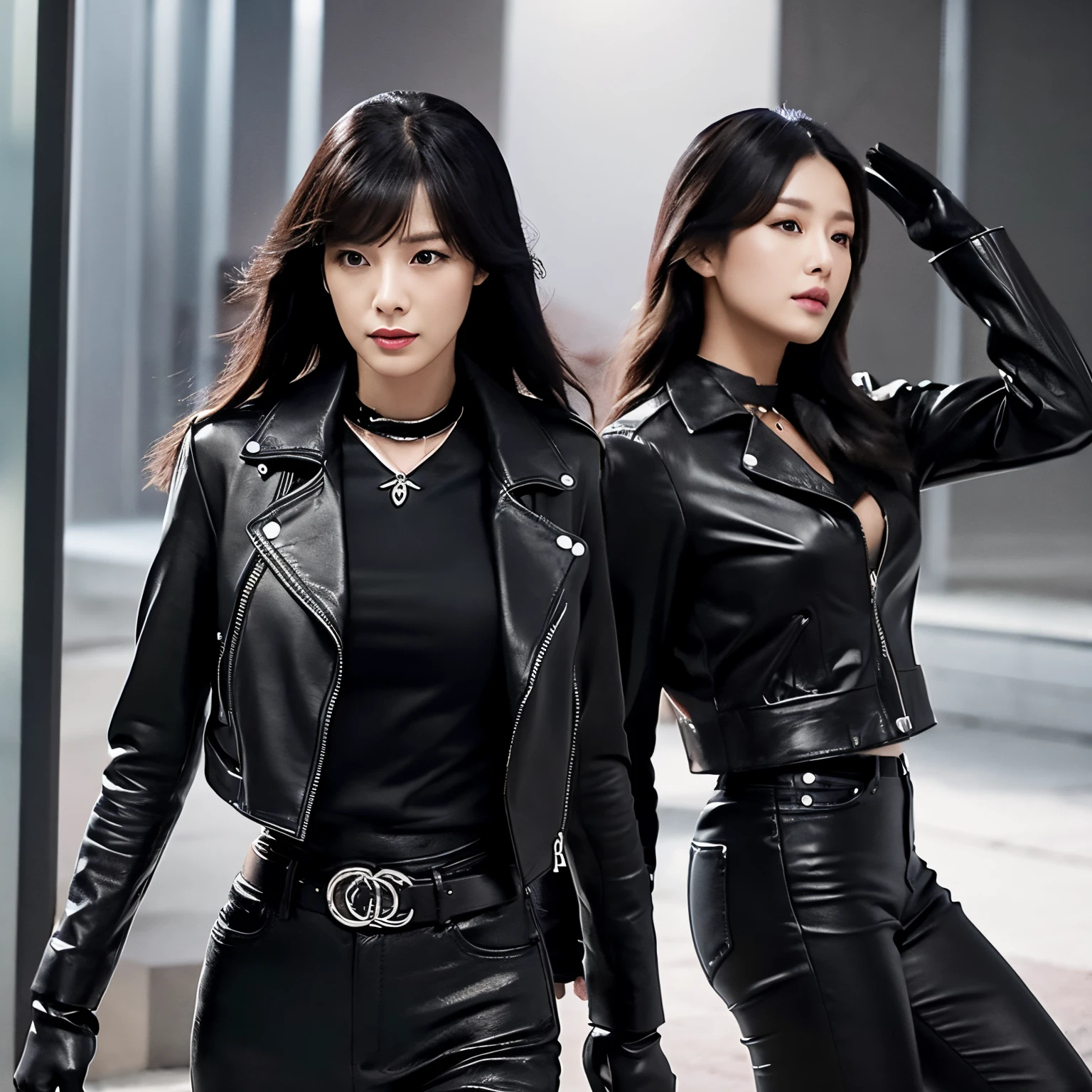 Black leather double rider's jacket, Office in the Dark, With the fingertips of the black leather gloves of both hands while looking at the screen、Tapping the keys on the keyboard of a black laptop on a desk,Sitting on a black leather chair、 Japan Female New Employees (Black leather gloves cover both hands) (The angle is sideways)、Black Leather Skinny Pants、Long black leather boots on both legs、Black hair ponytail ((He wears black leather gloves on both hands))