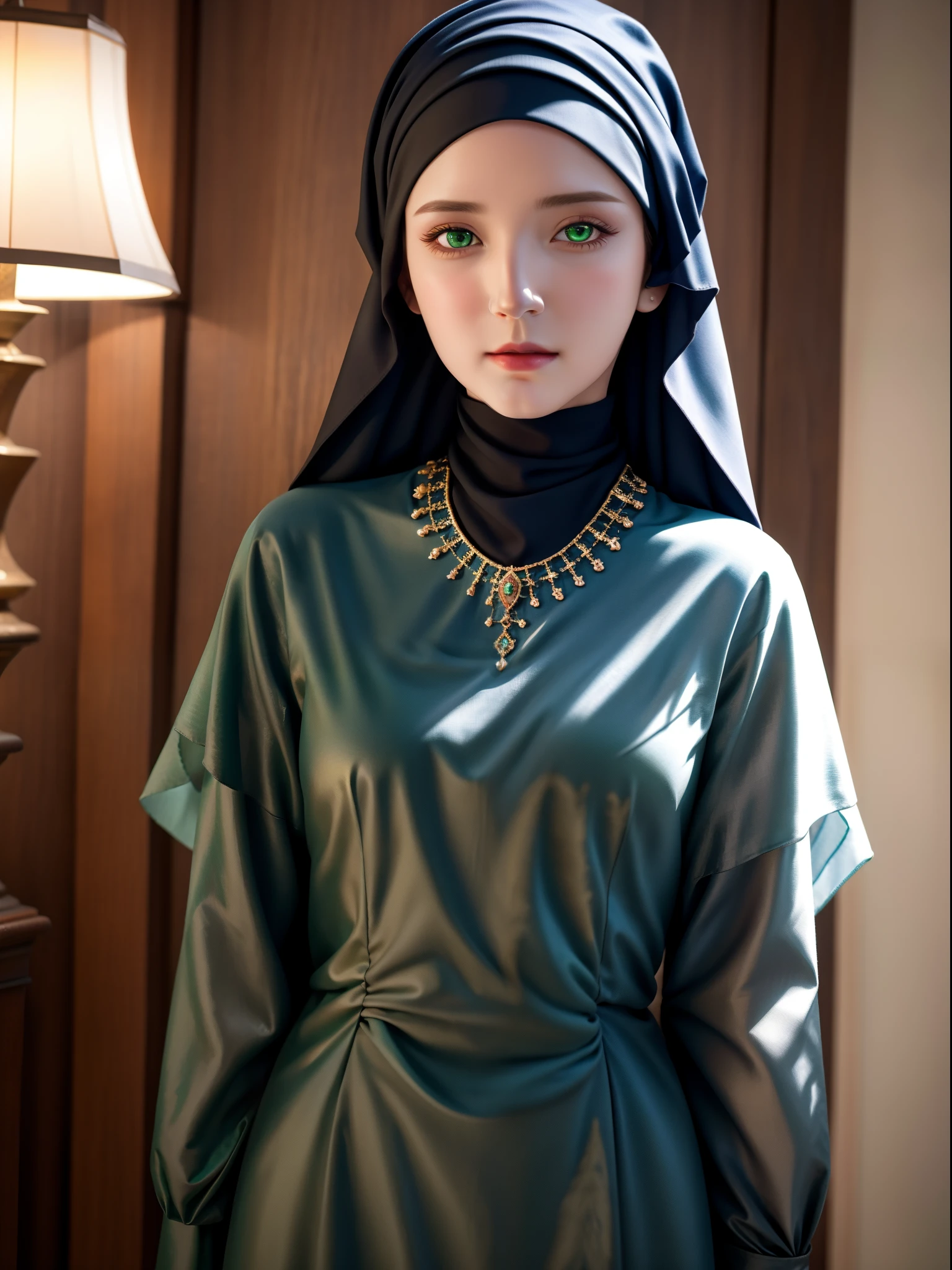 best quality, masterpiece, highres, moslem female blue dress, necklace, jewelry, Beautiful face, upon body, tyndall effect, photorealistic, dark studio, rim lighting, two tone lighting,(high detailed skin:1.2), 8k uhd, dslr, soft lighting, high quality, volumetric lighting, candid, Photograph, high resolution, 4k, 8k, Bokeh, (hyperrealistic girl), (illustration), (high resolution), (8K), (extremely detailed), (best illustration), (beautiful detailed eyes), (best quality), (ultra-detailed), (masterpiece), (wallpaper), (photorealistic), (natural light), (rim lighting), (detailed face), (high detailed realistic skin texture), (anatomically correct), (solo), (1 girl), (heterochromic eyes), (detailed eyes), (green eyes:1.37), (sparkling eyes), (long legs), (big breasts), (dynamic pose), (closed tiny mouth:1.3), (concentrated expression), (wearing hijab:1.4), moslem headscarf