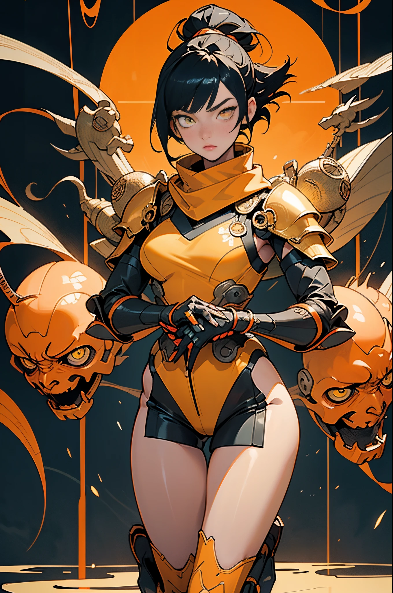 [Shinjuku background at night],Ginrei from Giant robot, (HENTAI ANIME) (Japanese NINJA Girl (Beauty) 19yo student) petite and muscular [Slim & fit body], Short Bob Cut,([hornet] Orange Ninja Battle Armor) scarf [stall] ((Fitting rubber inner) [honeycomb] [edg]) hair adornments (Dull metallic luster:0.8),gravure [KUNOICHI],(Perfectly proportioned),Ideal color coordination),(Intricate and beautiful decoration (Dense detail)),[Perfect hand details],(Beautiful perfect face, yellow eyes, yellow irises, [Perfect eye details, [Full body like], fit thighs, thigh gap,[[Desaturation]], pretty hands, perfect fingers