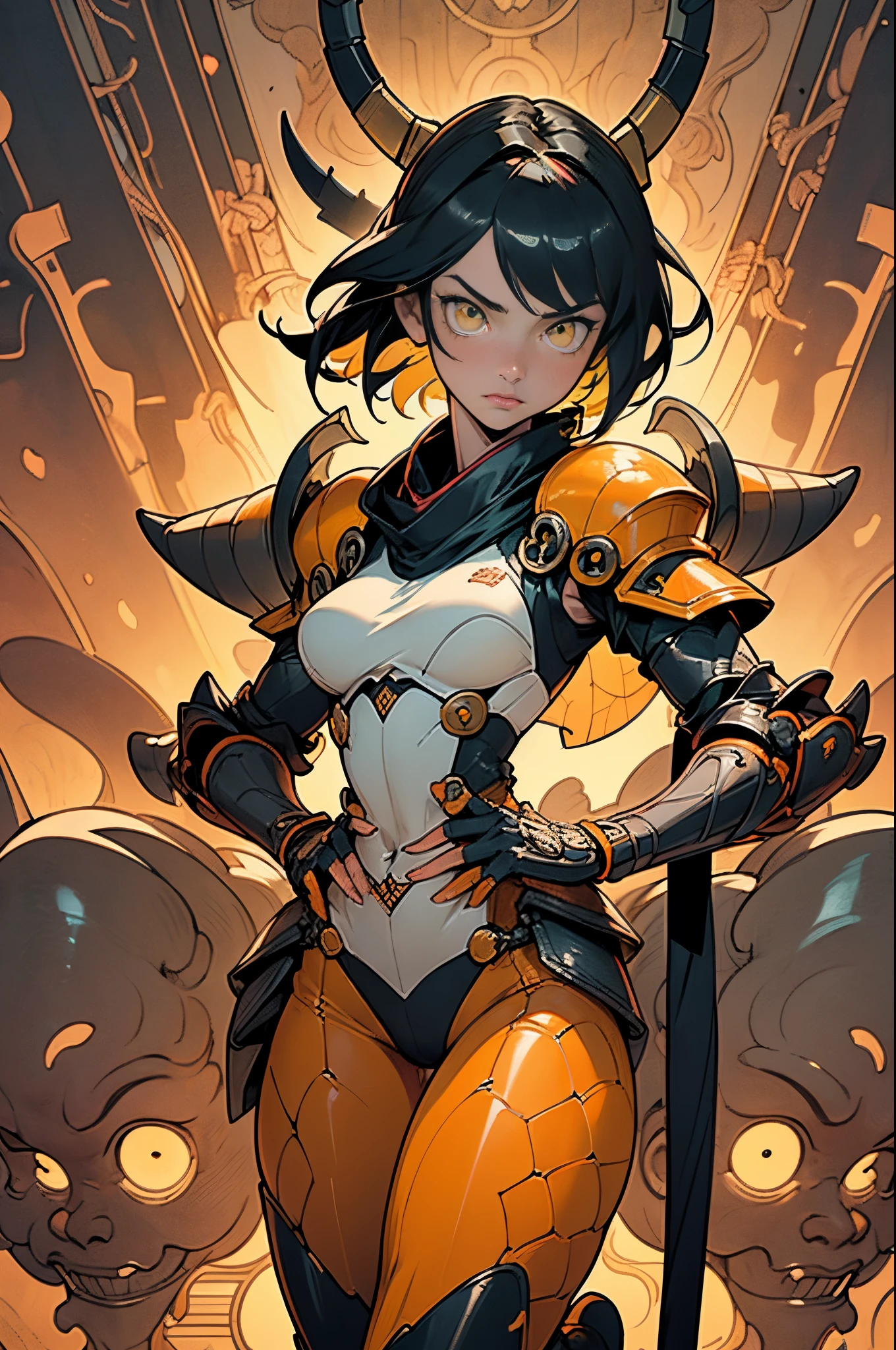 [Shinjuku background at night],Ginrei from Giant robot, (HENTAI ANIME) (Japanese NINJA Girl (Beauty) 19yo student) petite and muscular [Slim & fit body], Short Bob Cut,([hornet] Orange Ninja Battle Armor) scarf [stall] ((Fitting rubber inner) [honeycomb] [edg]) hair adornments (Dull metallic luster:0.8),gravure [KUNOICHI],(Perfectly proportioned),Ideal color coordination),(Intricate and beautiful decoration (Dense detail)),[Perfect hand details],(Beautiful perfect face, yellow eyes, yellow irises, [Perfect eye details, [Full body like], fit thighs, thigh gap,[[Desaturation]], pretty hands, perfect fingers