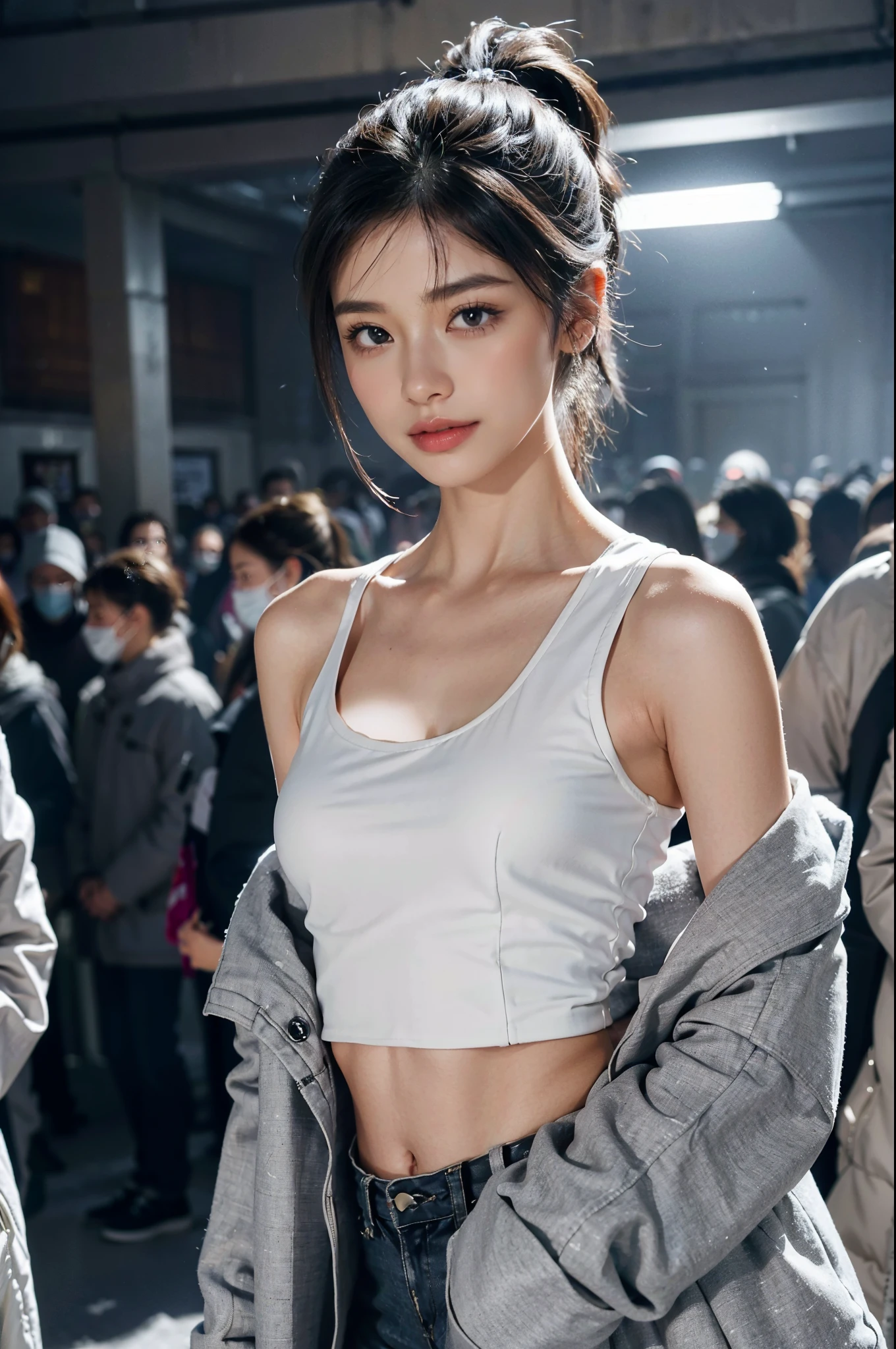 (shoulder-length straight black bob hair:1),((((8k))),((Extremely meticulous CG)) ,(wallpaper),16k,((Extremely refined and beautiful))，(((Masterpiece))),(((best qualtiy))),(((Ultra High Resolution))),beautiful light up，Perfect lightning，realistic shaded，[A high resolution],(Smooth and flawless fair skin:1.5),Extremely exquisite facial details,(perfect body：1.1),ultra - detailed,A beautiful girl,small head,((very short ponytail)),small face,Exquisite makeup,(Small breasts:1.1),Flat chests，slim，thin,happy Smile,(light gray coat:1.3),(underneath the coat is white tank top:1.2),(white pants:1.1),slender legs,(white sneakers:1.1),(nightfall:1.5),Sunset light,(Surrounded by a crowded crowd:1.5),standing At the school gate,from front,winter,snowscape,rime,looking at viewer,((upper body))