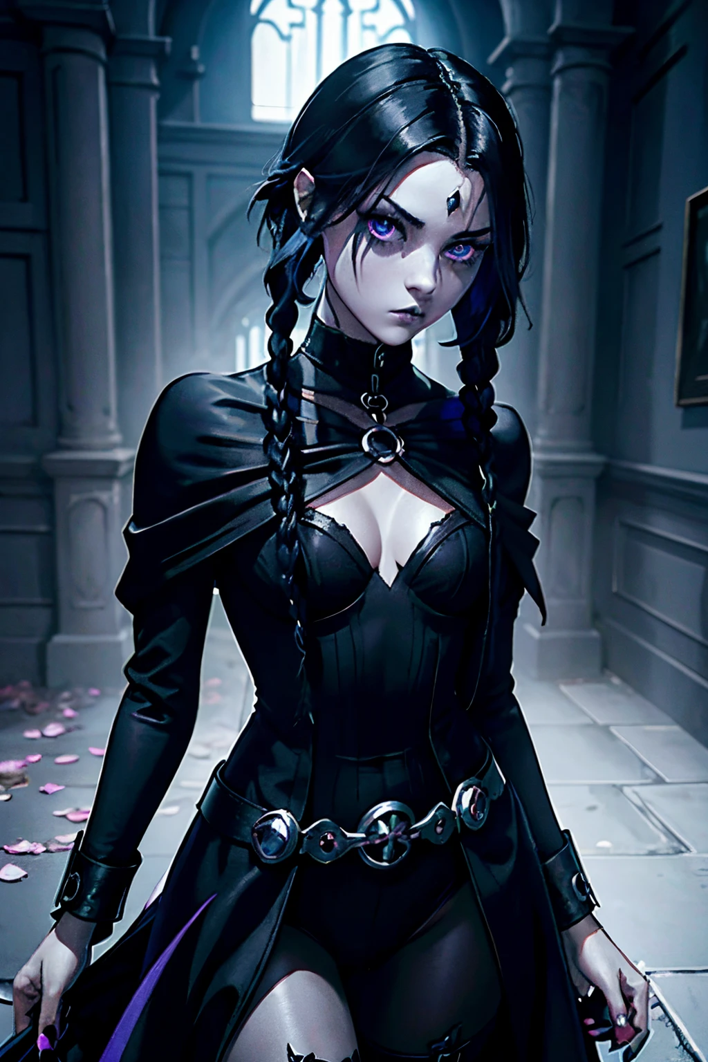 Ren is a captivating fusion of Raven from  Titans and Wednesday Addams from the Addams Family. Her long, jet-black hair, occasionally adorned with a subtle streak of purple or dark blue, falls gracefully over her flawless, porcelain-like complexion. Ren's striking indigo eyes convey both the otherworldly power of Raven and the haunting gaze of Wednesday. Her wardrobe combines Raven's edgy style with Wednesday's gothic elegance, featuring a flowing black cloak with subtle Victorian details. Adorned with discreet Raven symbolism and gothic jewelry, Ren's minimal makeup accentuates her mysterious aura. With a calm demeanor and intense, unreadable gaze, she possesses a mix of Raven's mystical abilities and Wednesday's uncanny intuition, making her a uniquely enigmatic and powerful character. RavenTT, navy-blue cloak, black leotard, brooch, belt, Wednesday Addams