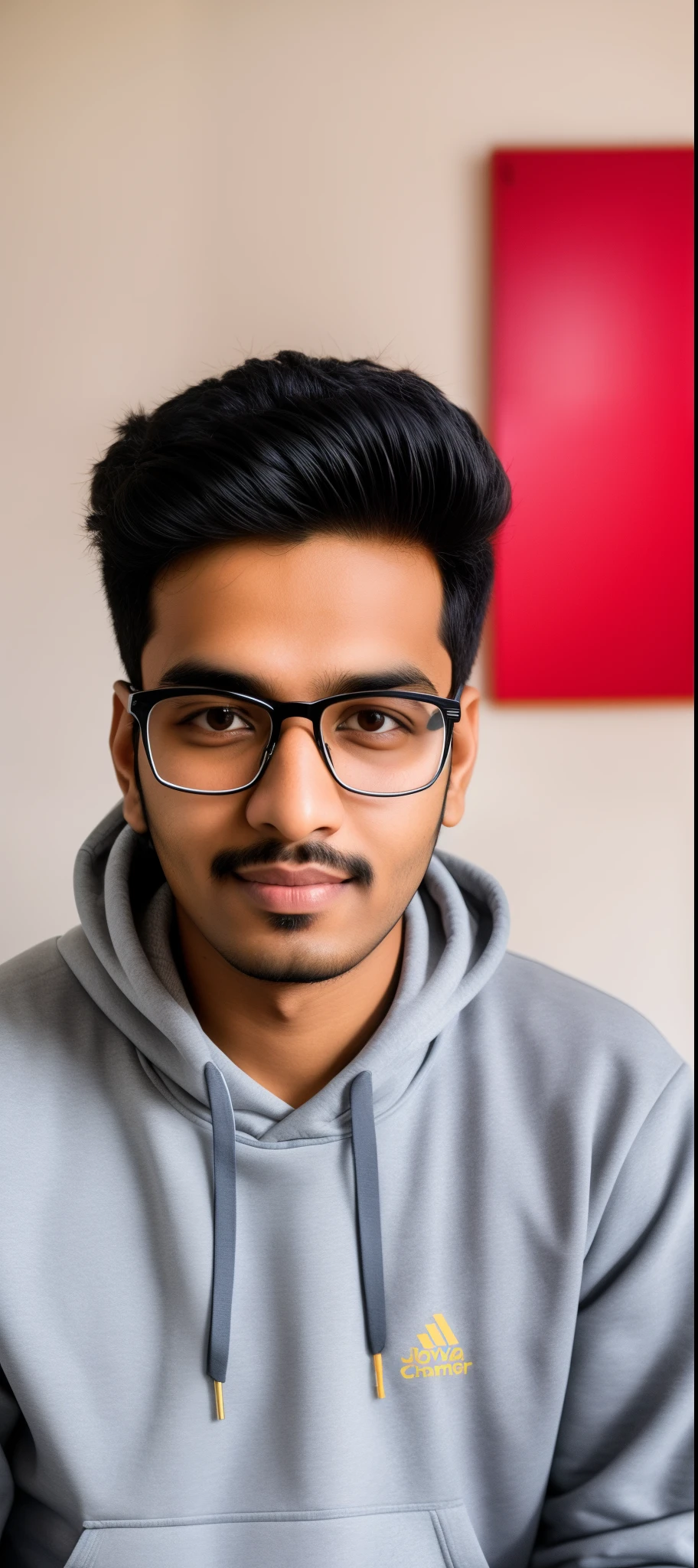 arafed man wearing glasses and a hoodie sitting in a room, jayison devadas, with accurate face, around 1 9 years old, vastayan, without beard, good looking face, taken with sony a7r camera, ayan nag, photo taken with sony a7r camera, inspired by Kailash Chandra Meher, without helmet, without glasses
